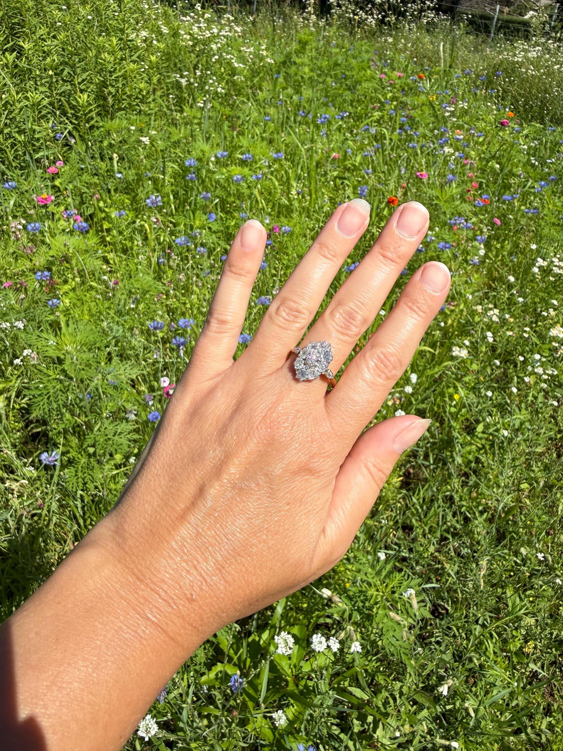 ANTIQUE Two Carats 11 Old Mine Cut DIAMOND Daisy Cluster Ring 18k Rose Gold & PLATiNUM Belle Epoque Romantic Gift OmC Victorian Oval
