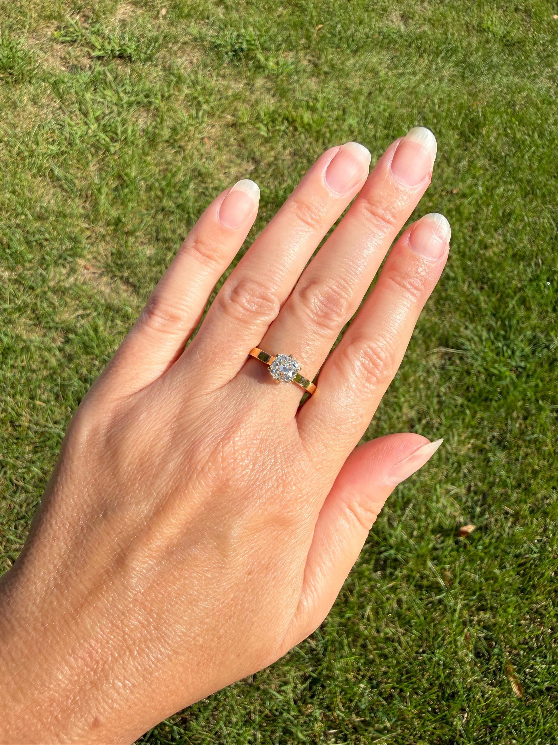 Antique 1.3 CARAT Natural Eye Clean Old Mine Cushion Cut DIAMOND Solitaire French Vintage Engagement Ring 18k Gold Solid Yellow 1.3Ct OMC