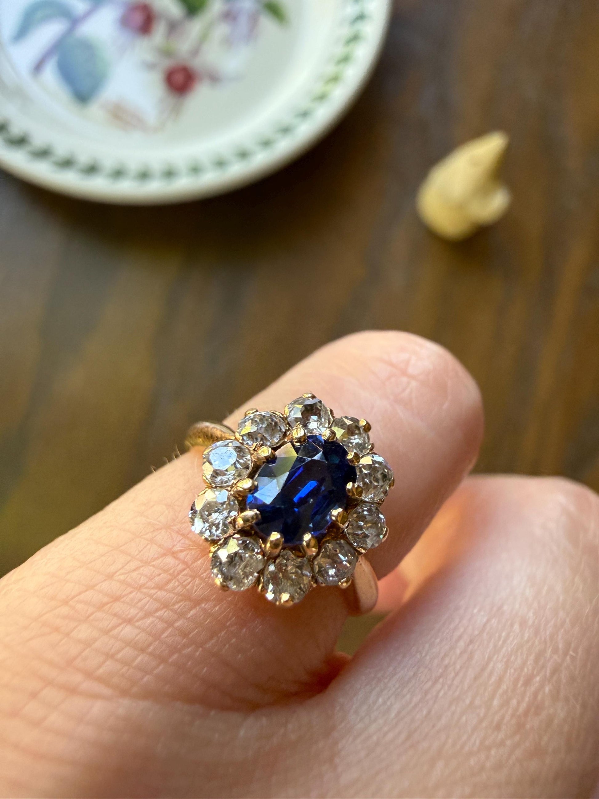 Antique Natural Sapphire Old Mine Cut Diamond Halo Ring French Victorian 18k Gold Blue Cluster Pinky