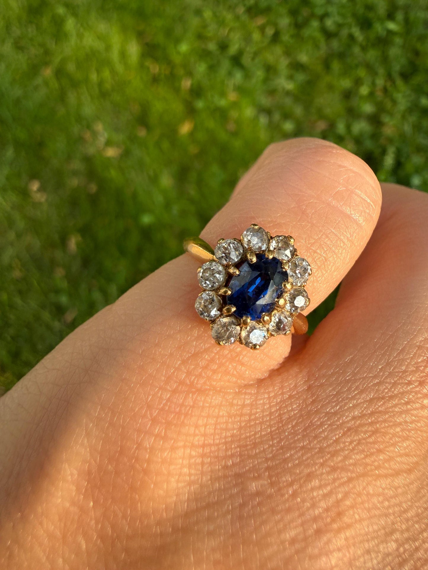 Antique Natural Sapphire Old Mine Cut Diamond Halo Ring French Victorian 18k Gold Blue Cluster Pinky