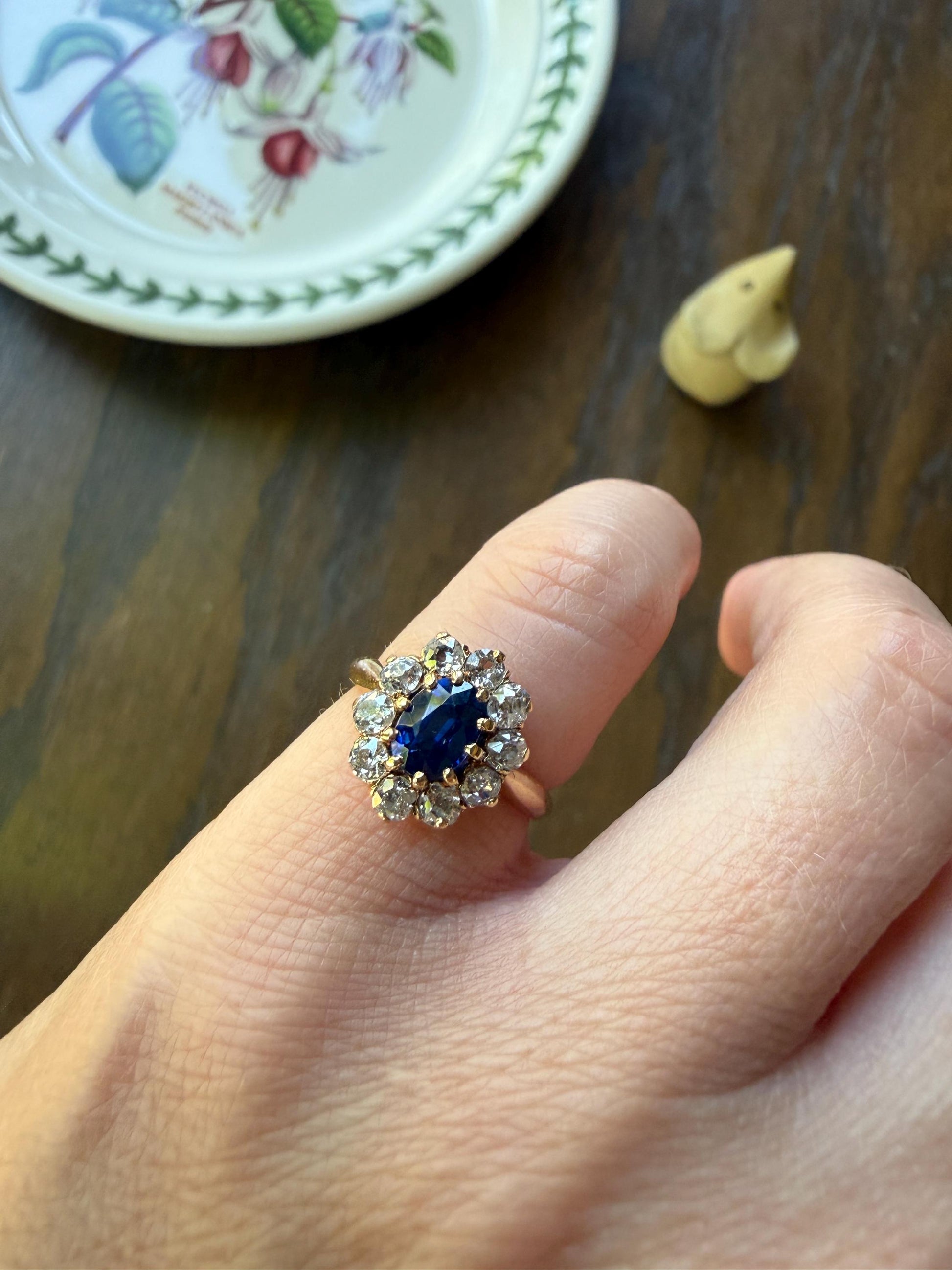 Antique Natural Sapphire Old Mine Cut Diamond Halo Ring French Victorian 18k Gold Blue Cluster Pinky