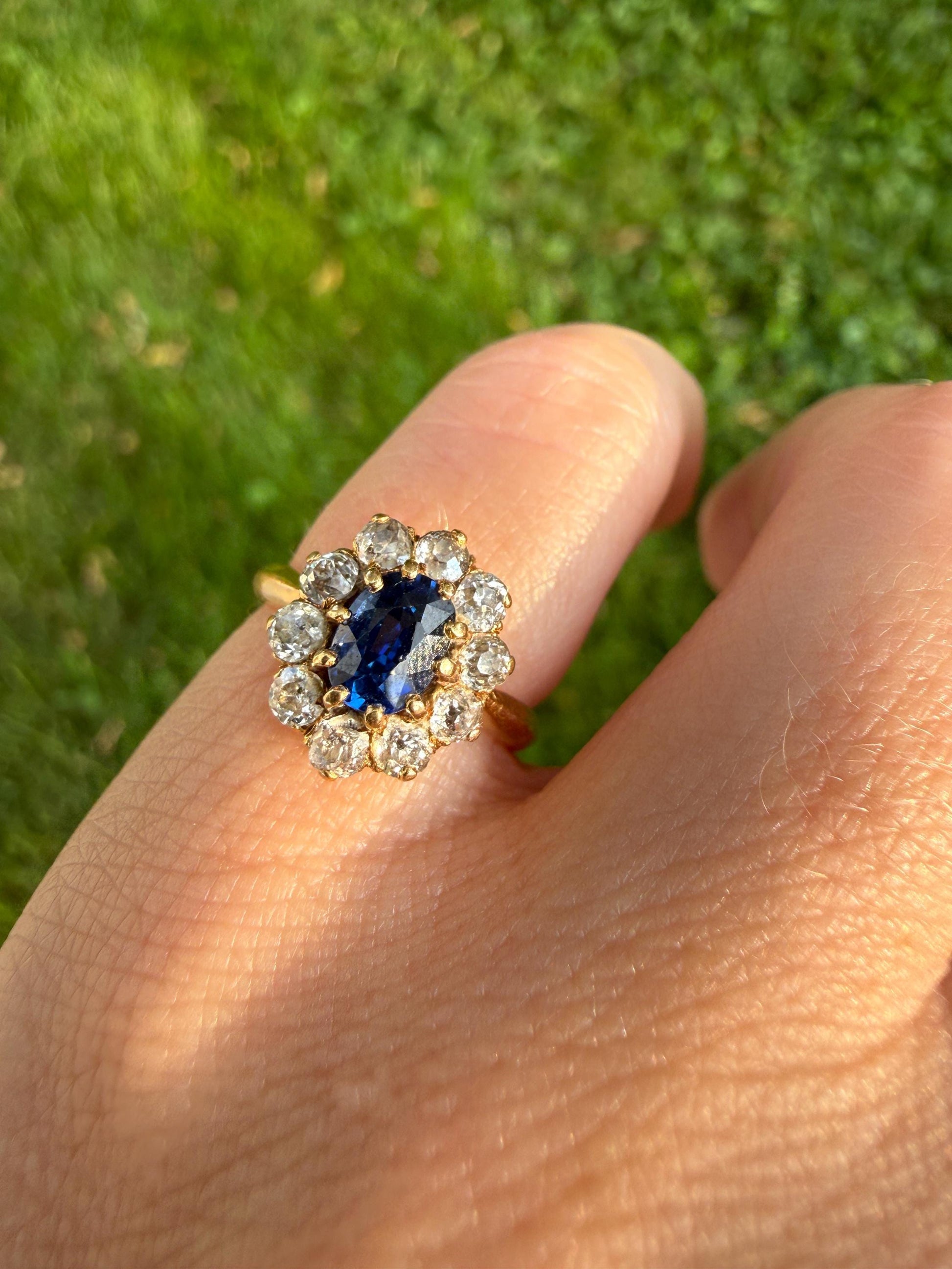 Antique Natural Sapphire Old Mine Cut Diamond Halo Ring French Victorian 18k Gold Blue Cluster Pinky