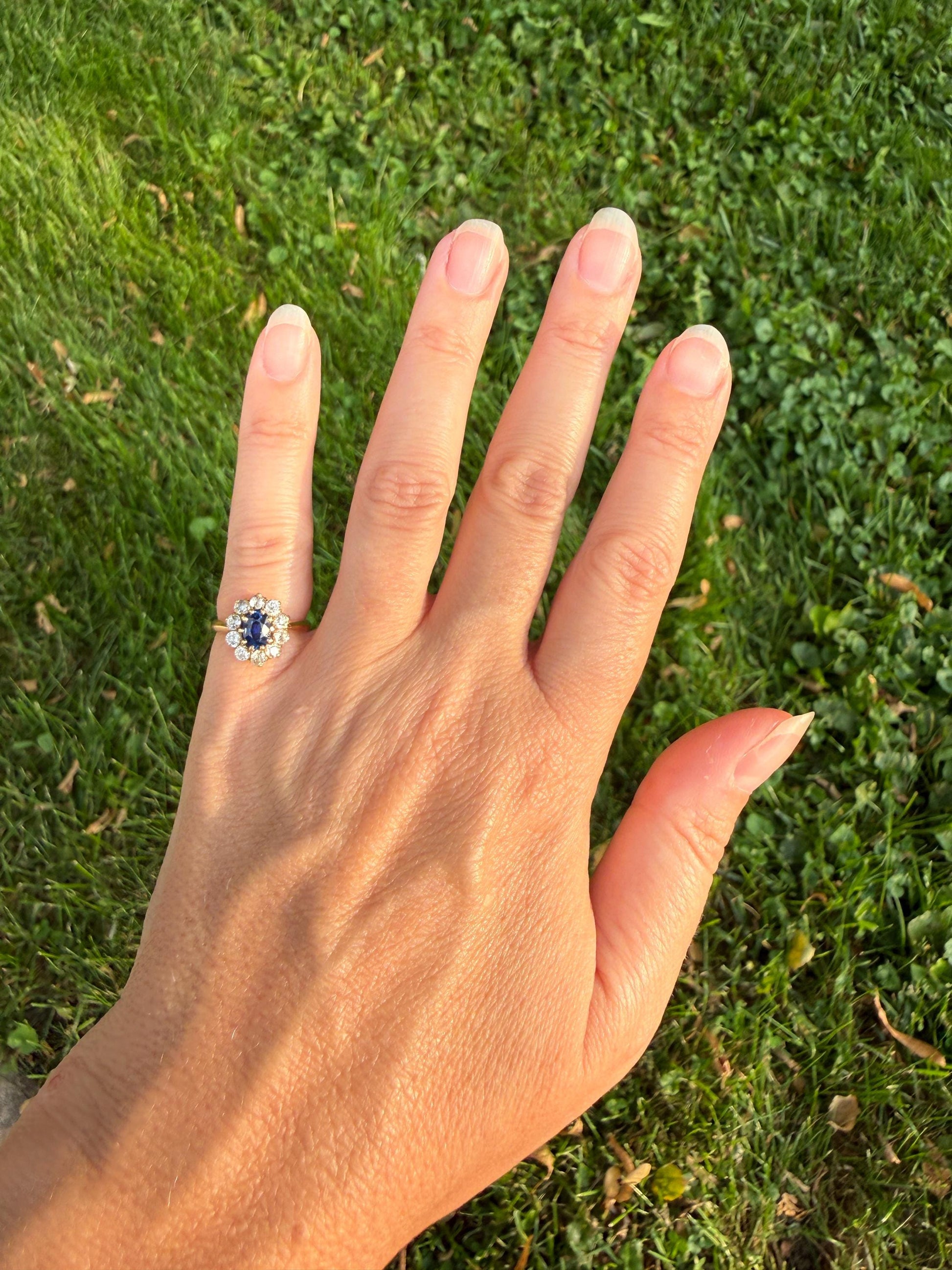 Antique Natural Sapphire Old Mine Cut Diamond Halo Ring French Victorian 18k Gold Blue Cluster Pinky