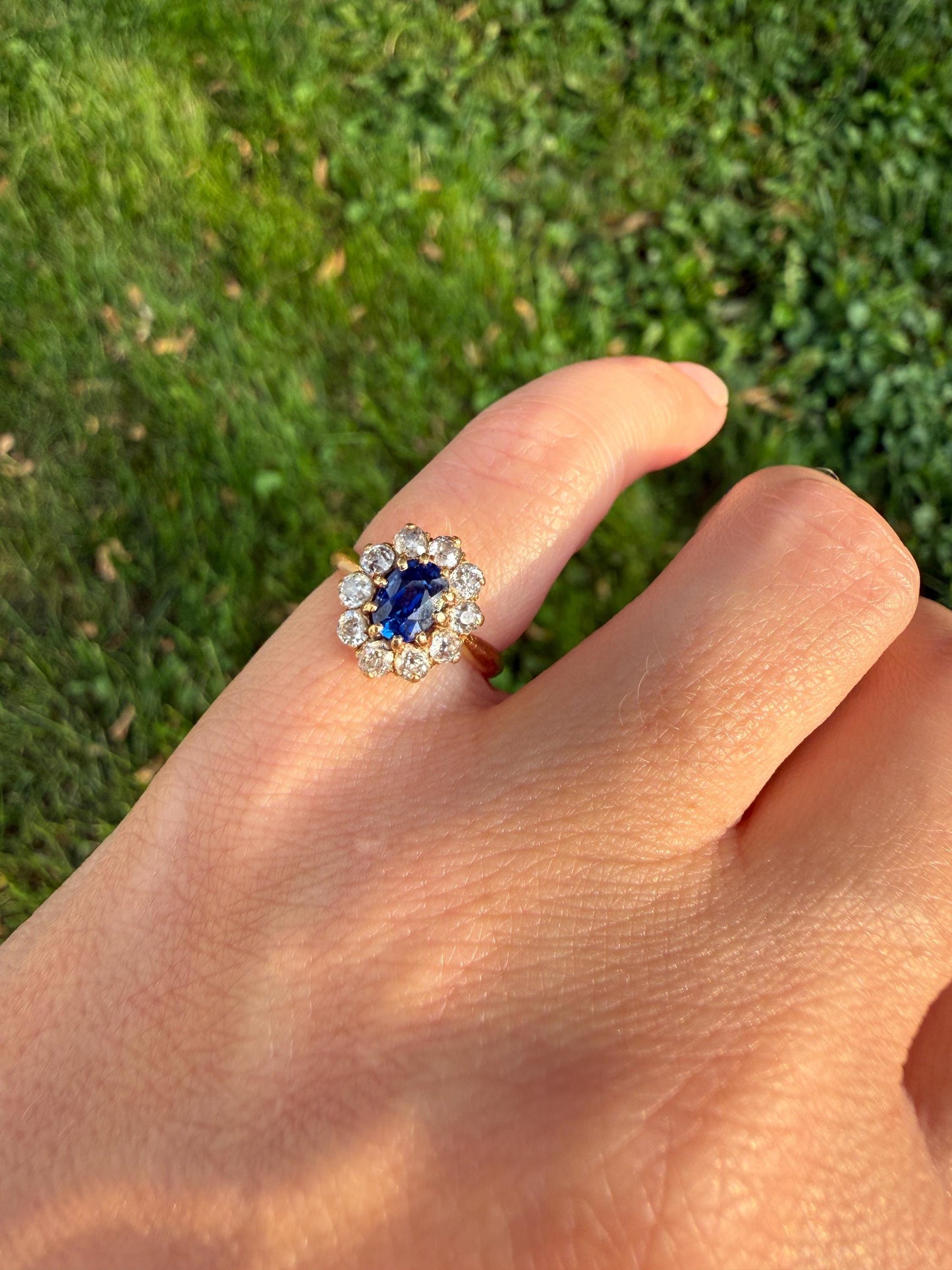 Antique Natural Sapphire Old Mine Cut Diamond Halo Ring French Victorian 18k Gold Blue Cluster Pinky