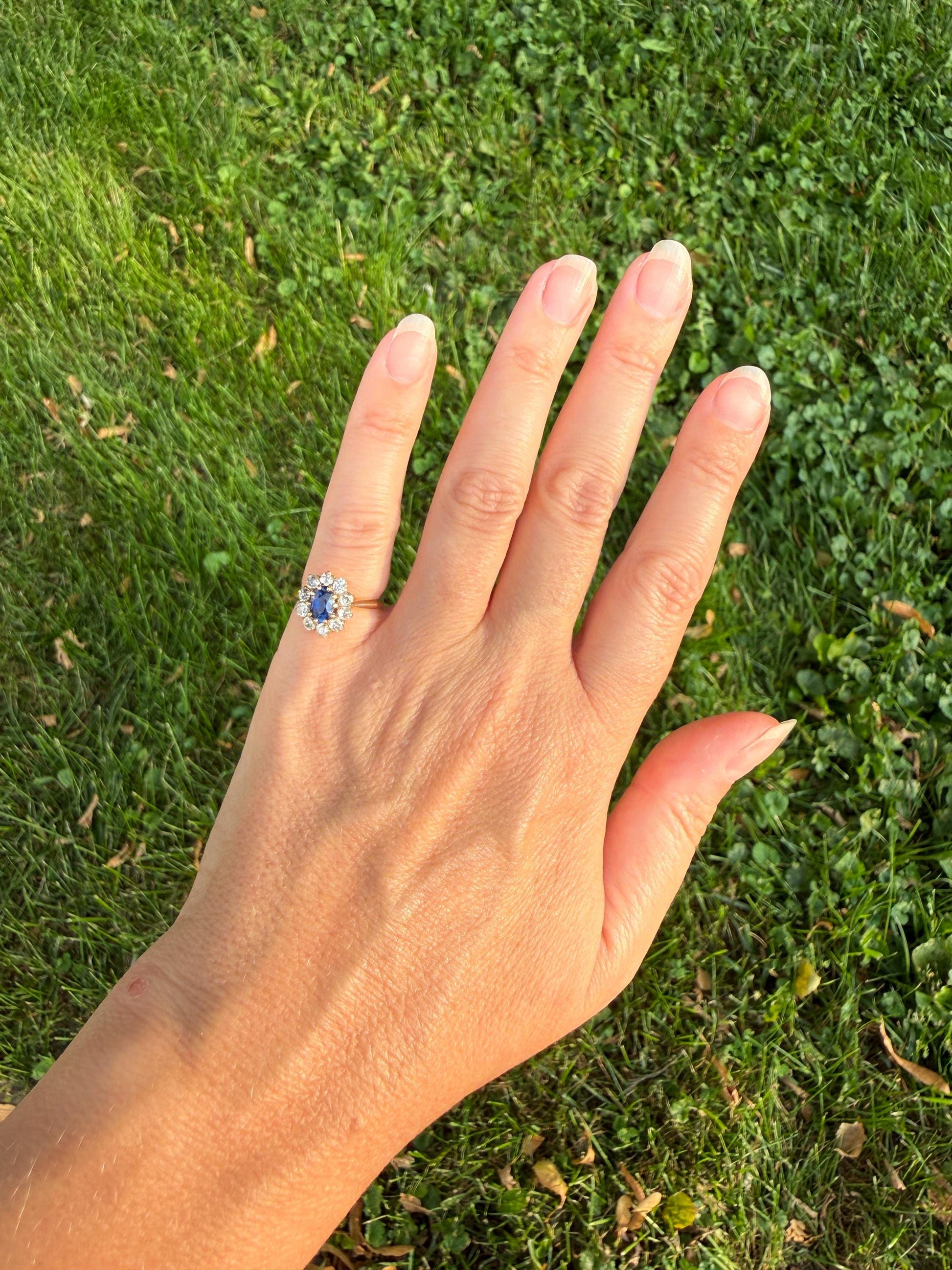Antique Natural Sapphire Old Mine Cut Diamond Halo Ring French Victorian 18k Gold Blue Cluster Pinky