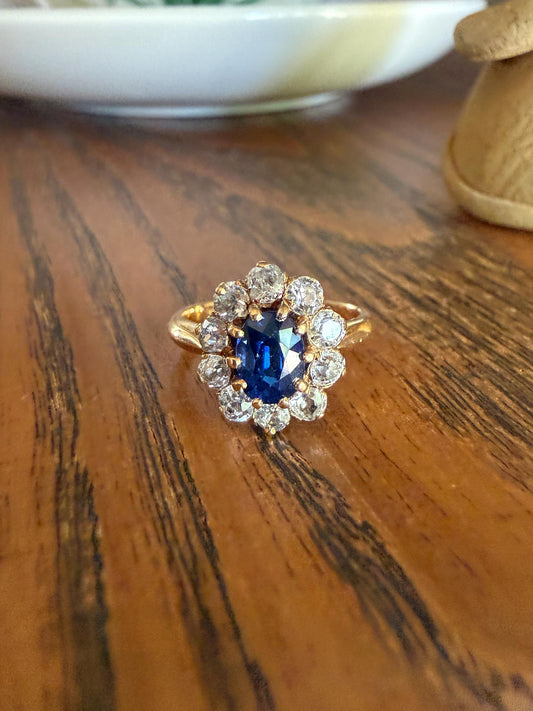 Antique Natural Sapphire Old Mine Cut Diamond Halo Ring French Victorian 18k Gold Blue Cluster Pinky
