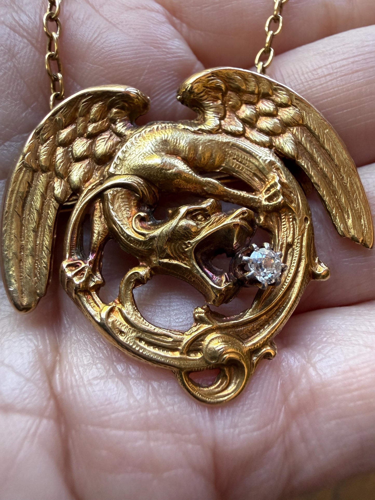 Large Antique 14g 18k Gold DRAGON Medallion Pendant on Chain Old Mine Cut Diamond Necklace Chimera Griffin French FIGURAL Belle Epoque