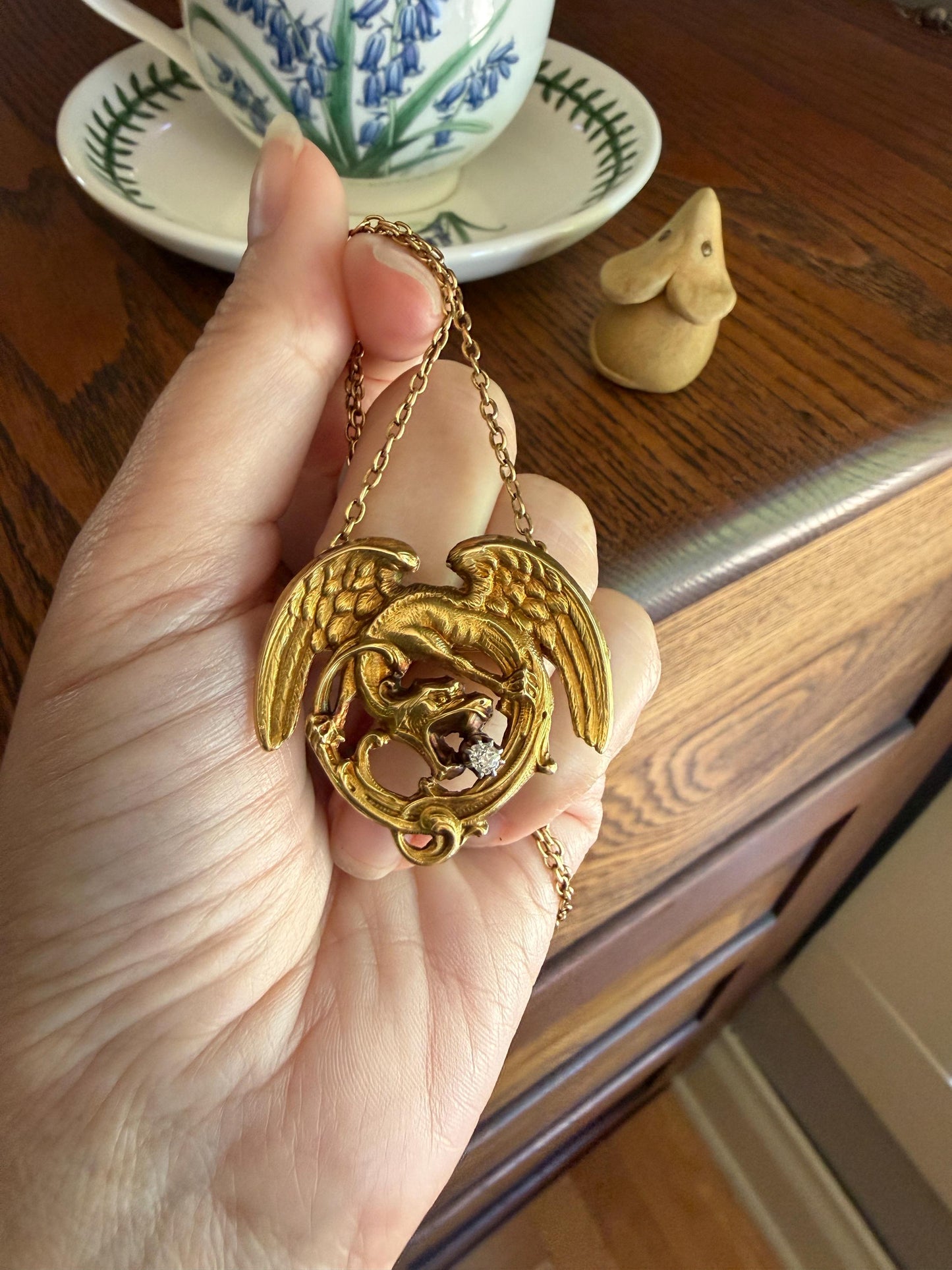 Large Antique 14g 18k Gold DRAGON Medallion Pendant on Chain Old Mine Cut Diamond Necklace Chimera Griffin French FIGURAL Belle Epoque