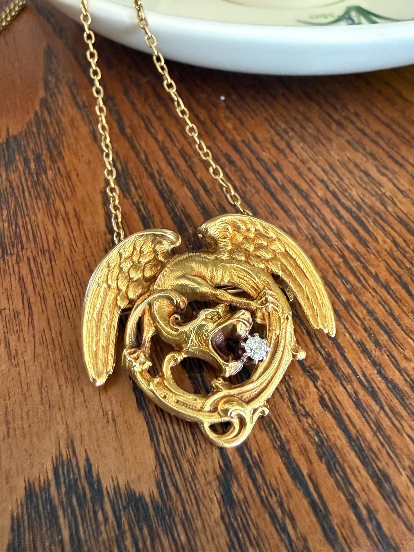 Large Antique 14g 18k Gold DRAGON Medallion Pendant on Chain Old Mine Cut Diamond Necklace Chimera Griffin French FIGURAL Belle Epoque