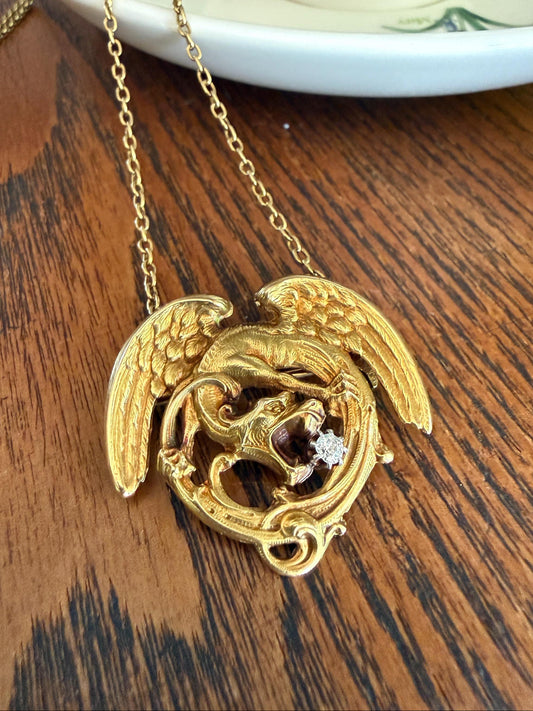 Large Antique 14g 18k Gold DRAGON Medallion Pendant on Chain Old Mine Cut Diamond Necklace Chimera Griffin French FIGURAL Belle Epoque