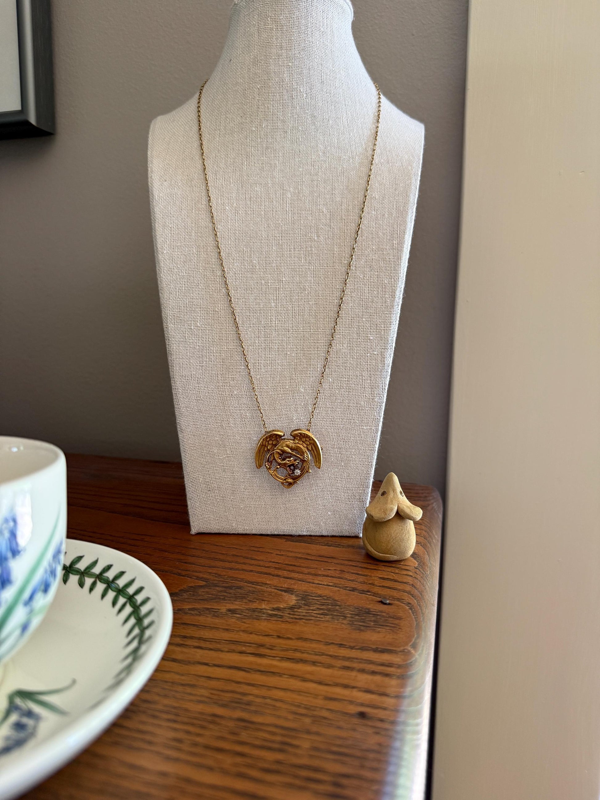 Large Antique 14g 18k Gold DRAGON Medallion Pendant on Chain Old Mine Cut Diamond Necklace Chimera Griffin French FIGURAL Belle Epoque