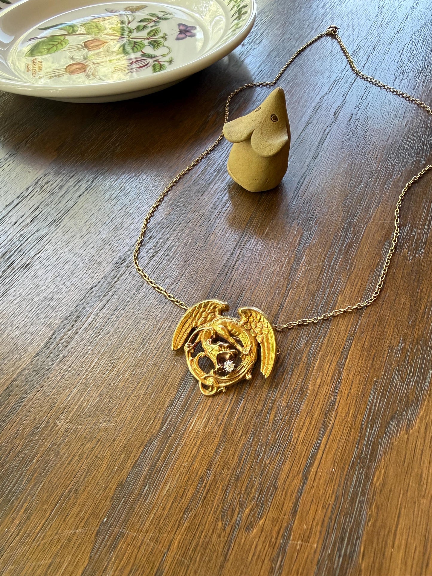 Large Antique 14g 18k Gold DRAGON Medallion Pendant on Chain Old Mine Cut Diamond Necklace Chimera Griffin French FIGURAL Belle Epoque