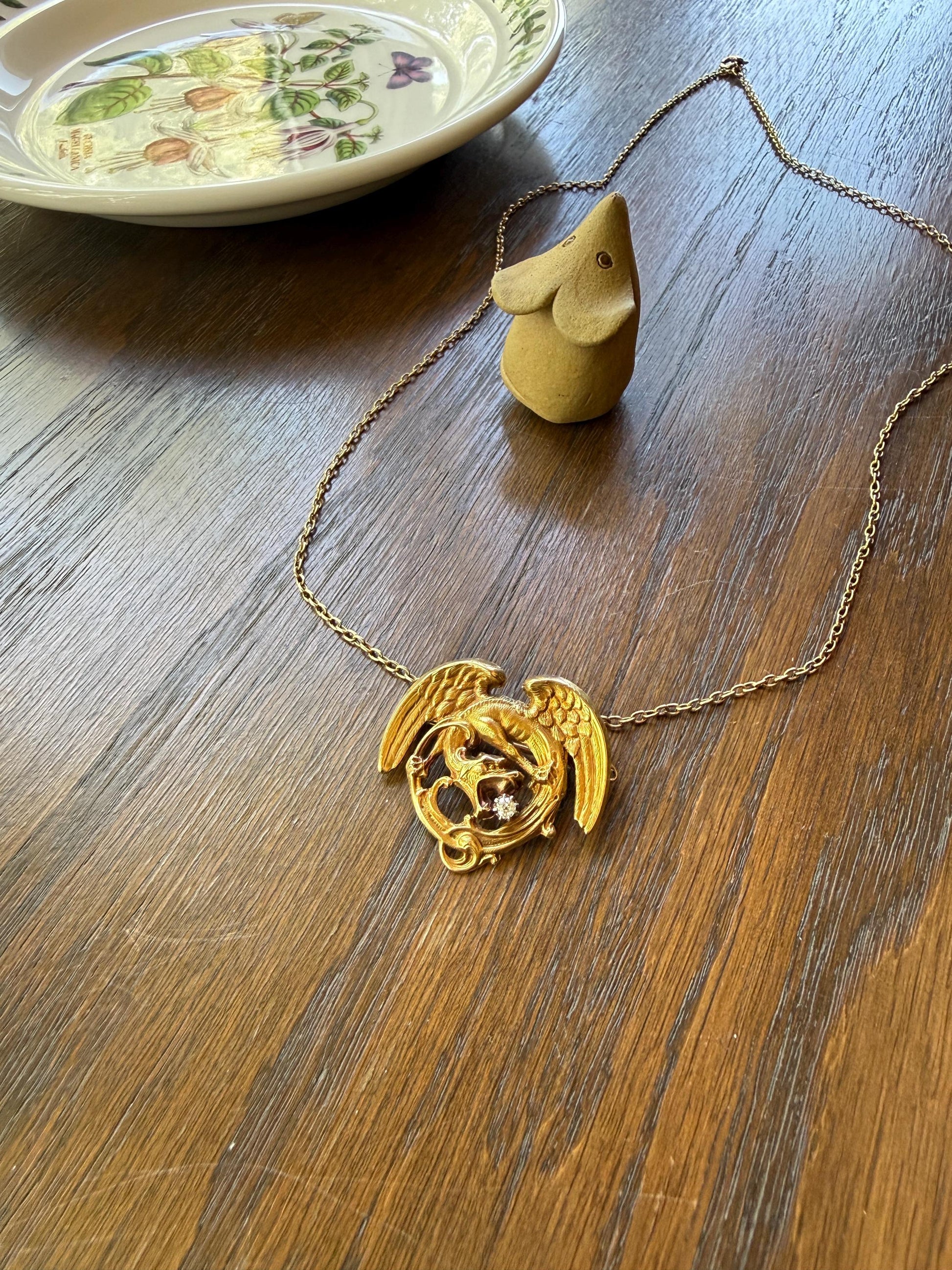 Large Antique 14g 18k Gold DRAGON Medallion Pendant on Chain Old Mine Cut Diamond Necklace Chimera Griffin French FIGURAL Belle Epoque