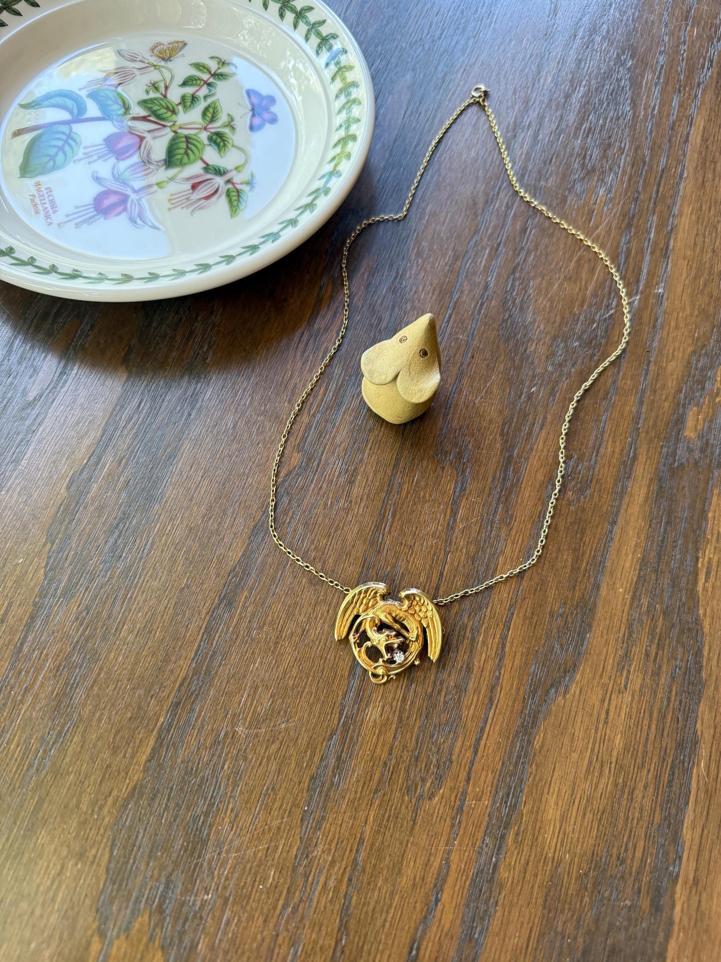 Large Antique 14g 18k Gold DRAGON Medallion Pendant on Chain Old Mine Cut Diamond Necklace Chimera Griffin French FIGURAL Belle Epoque