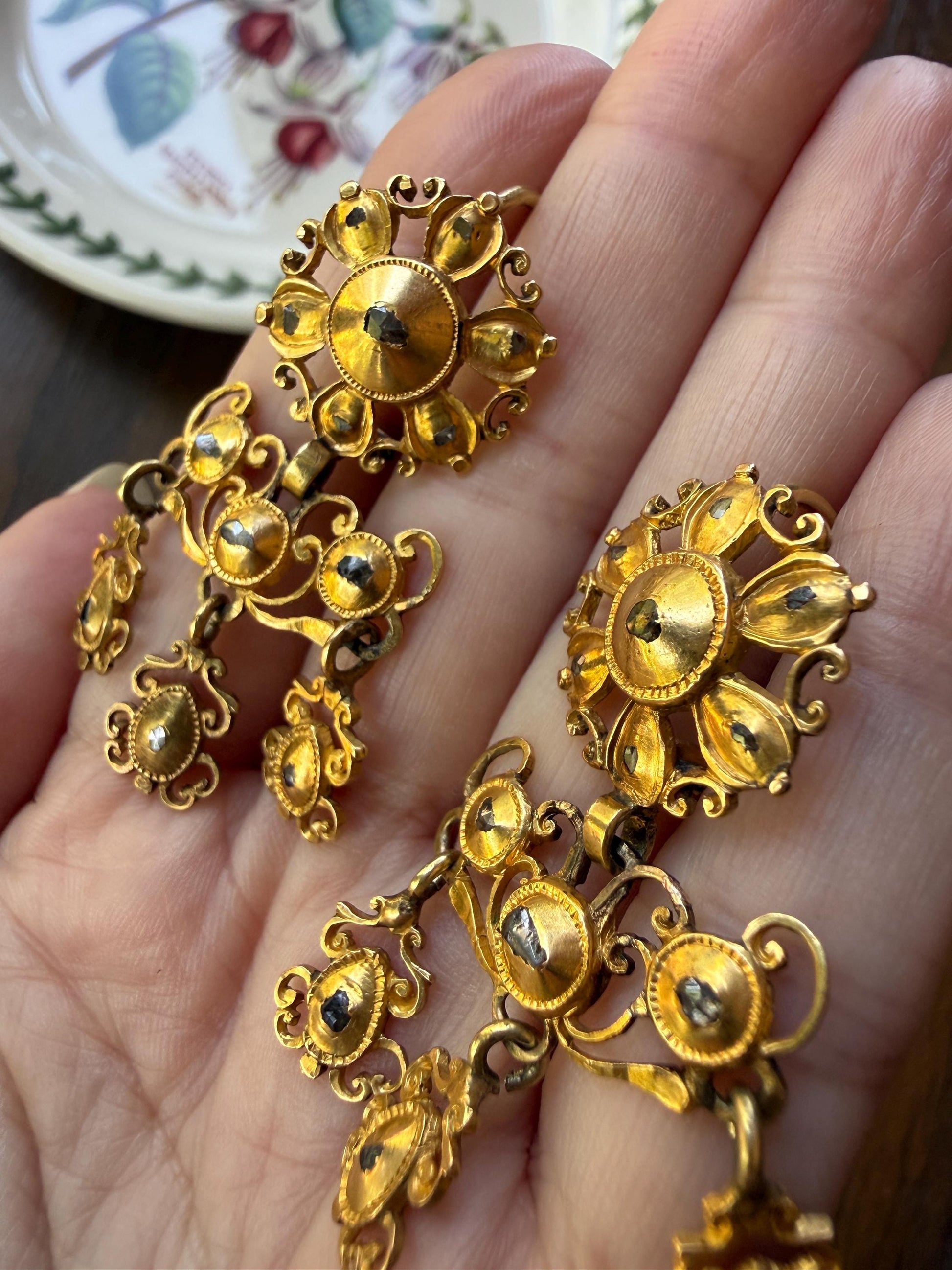 Heavy ANTIQUE Iberian Pendeloque Earrings Natural Rose Cut Diamond 20g 18k Gold Georgian era Chandelier Traditional Dangle Hand Made Baroque