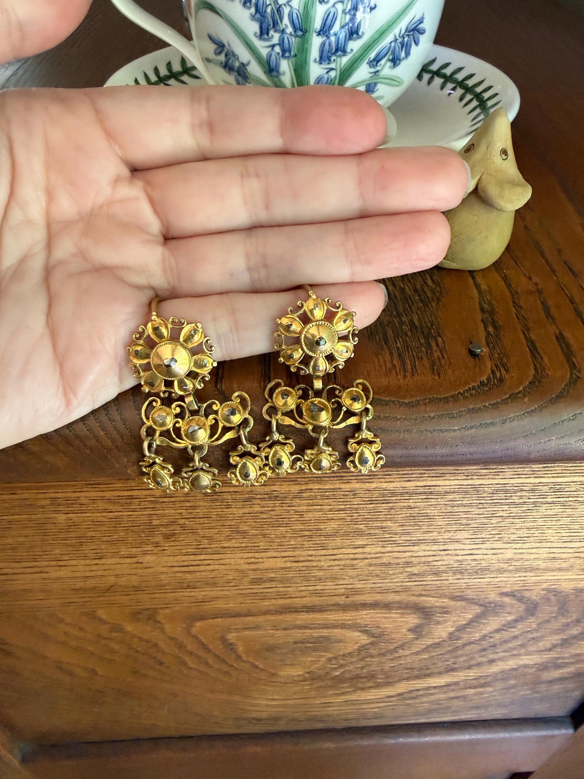 Heavy ANTIQUE Iberian Pendeloque Earrings Natural Rose Cut Diamond 20g 18k Gold Georgian era Chandelier Traditional Dangle Hand Made Baroque