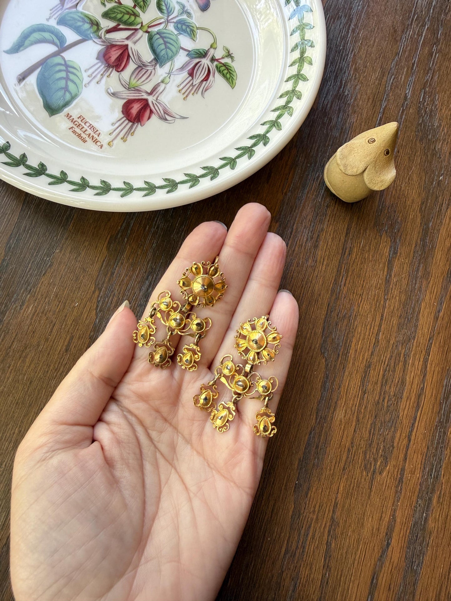 Heavy ANTIQUE Iberian Pendeloque Earrings Natural Rose Cut Diamond 20g 18k Gold Georgian era Chandelier Traditional Dangle Hand Made Baroque