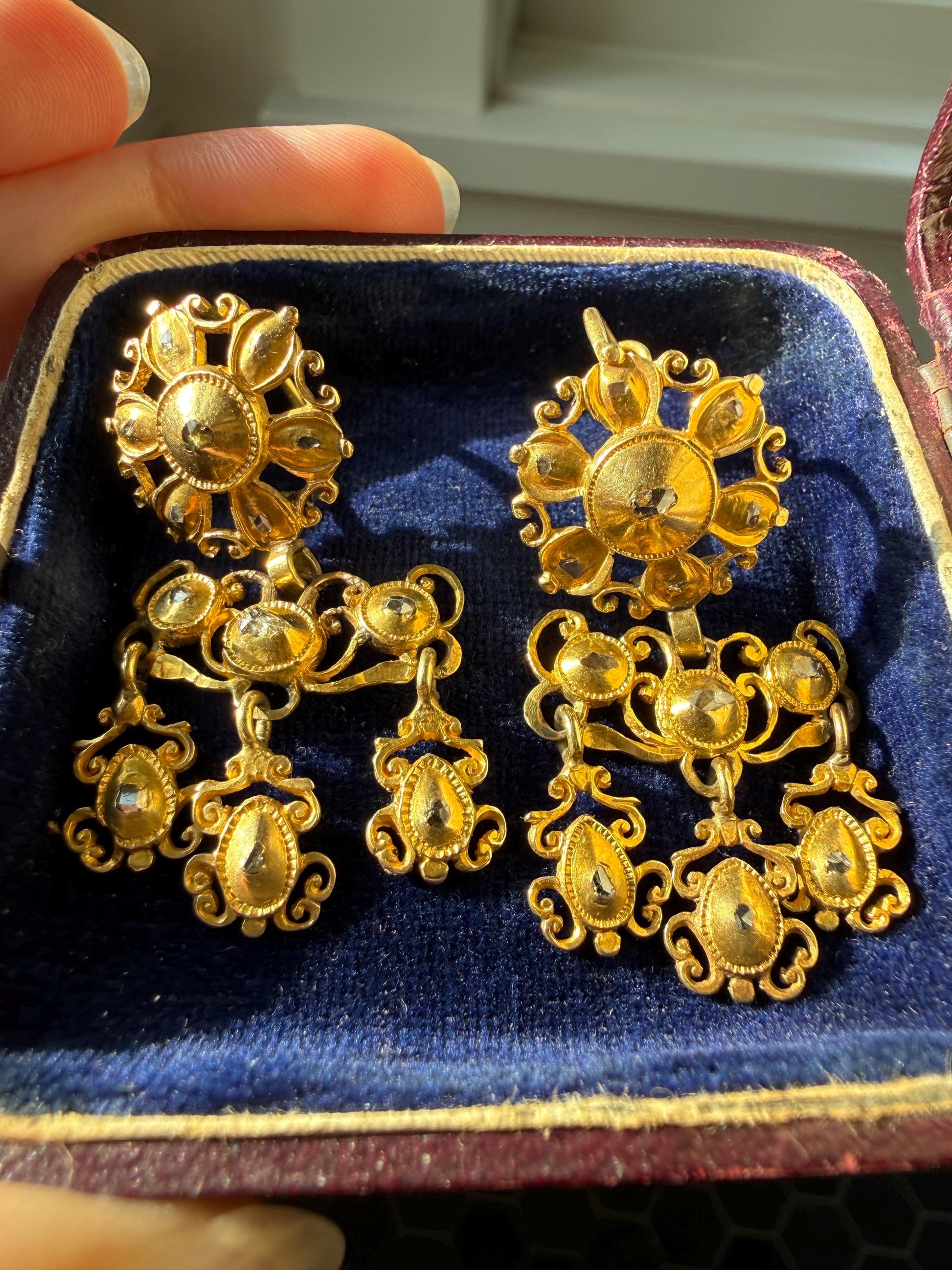 Heavy ANTIQUE Iberian Pendeloque Earrings Natural Rose Cut Diamond 20g 18k Gold Georgian era Chandelier Traditional Dangle Hand Made Baroque