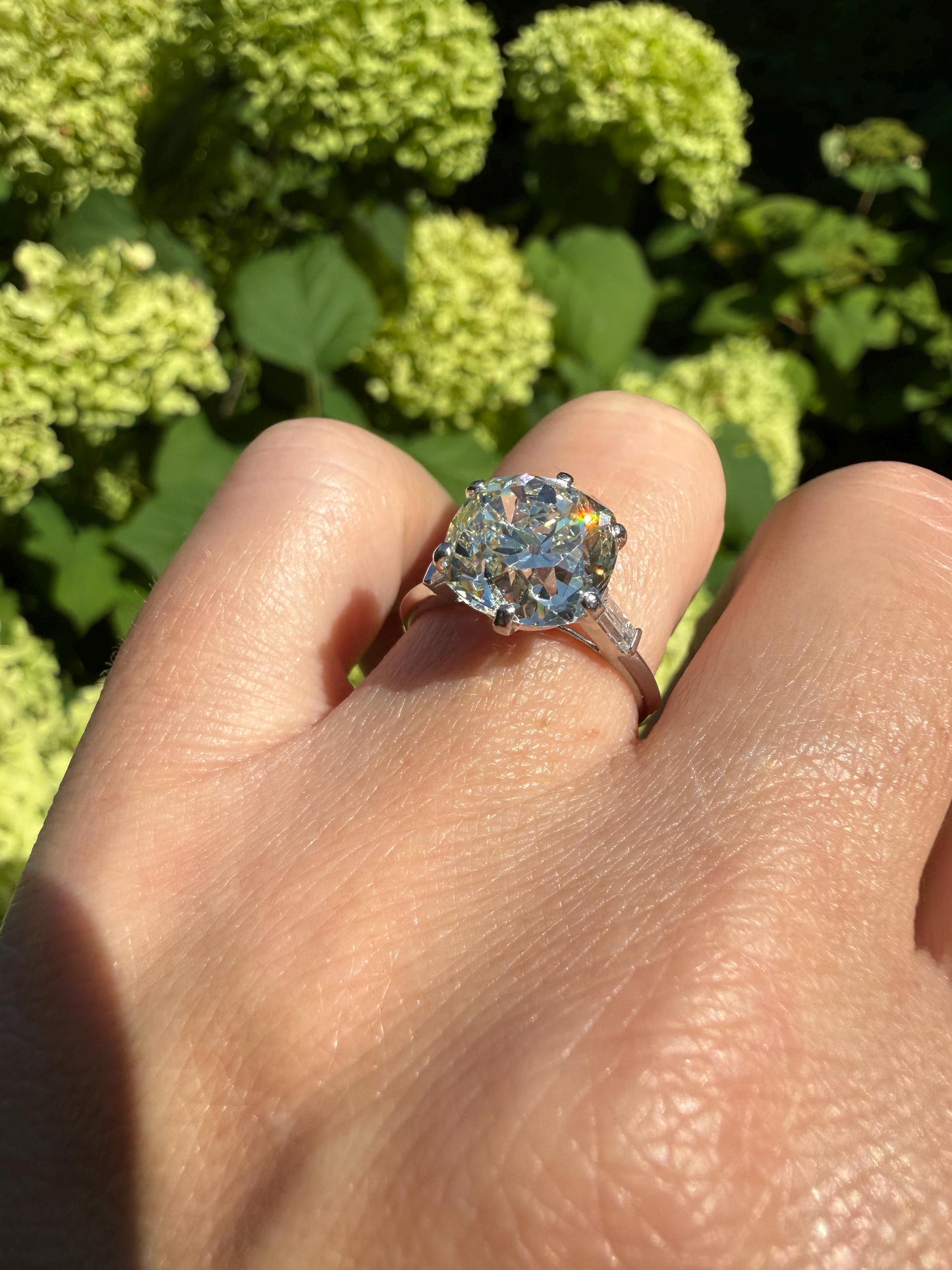Chunky Vintage Four Carat Eye Clean Old Mine Cut Diamond Solitaire Engagement Ring French 18k White Gold Platinum Art Deco Baguette Tall OMC