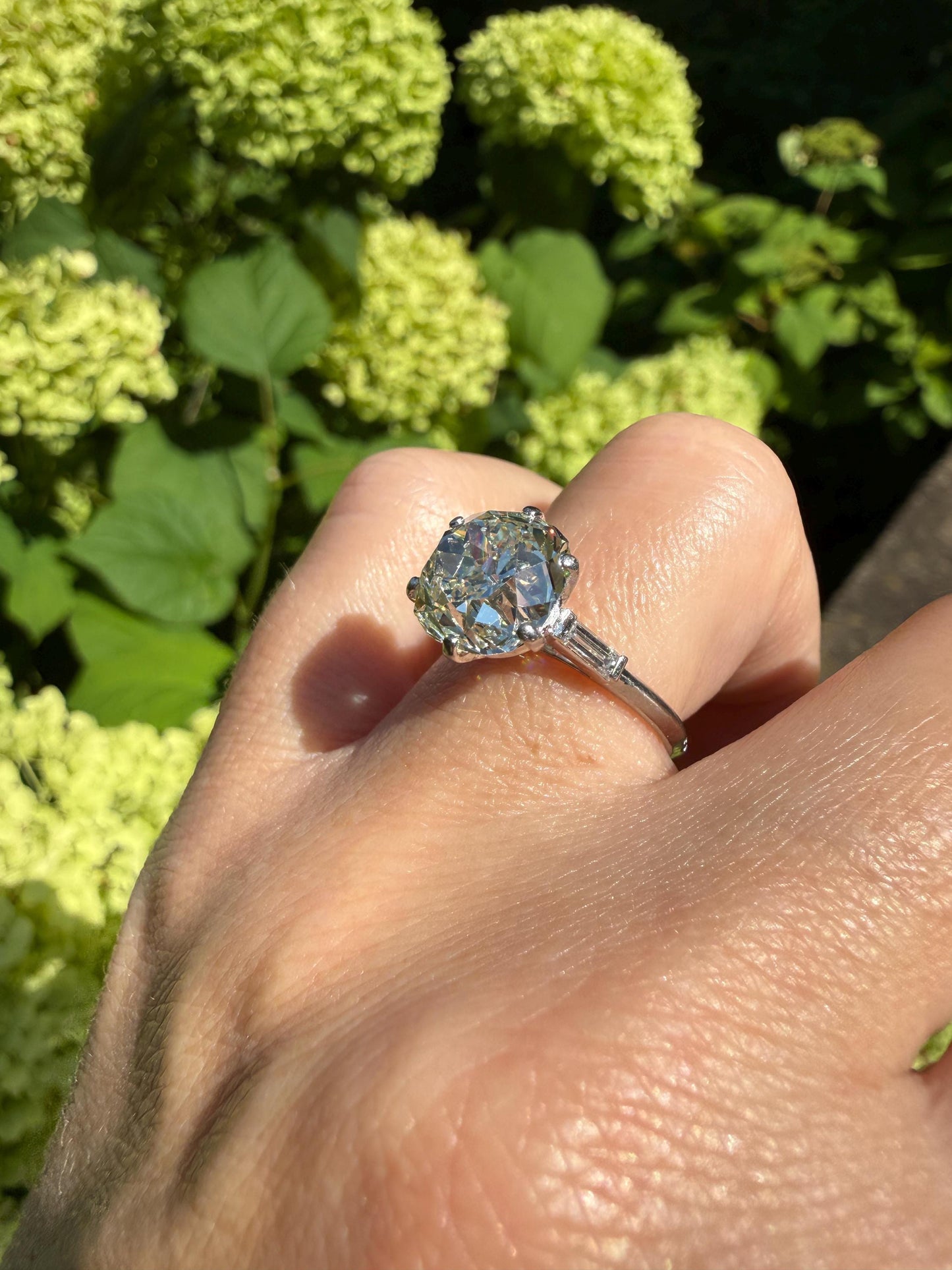 Chunky Vintage Four Carat Eye Clean Old Mine Cut Diamond Solitaire Engagement Ring French 18k White Gold Platinum Art Deco Baguette Tall OMC
