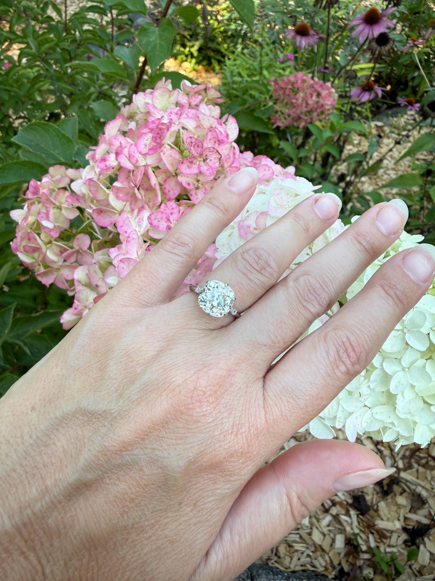 Chunky Vintage Four Carat Eye Clean Old Mine Cut Diamond Solitaire Engagement Ring French 18k White Gold Platinum Art Deco Baguette Tall OMC