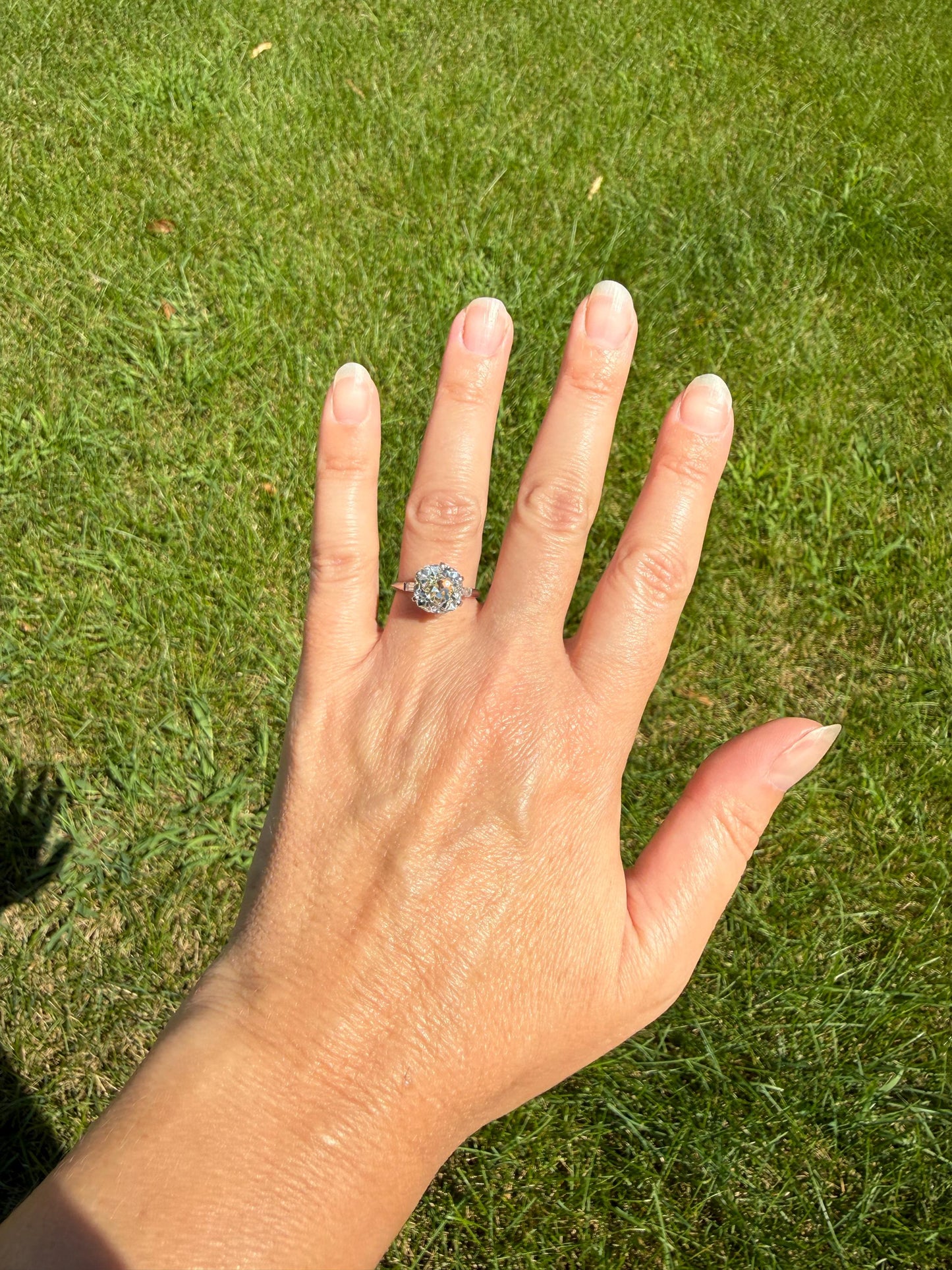 Chunky Vintage Four Carat Eye Clean Old Mine Cut Diamond Solitaire Engagement Ring French 18k White Gold Platinum Art Deco Baguette Tall OMC