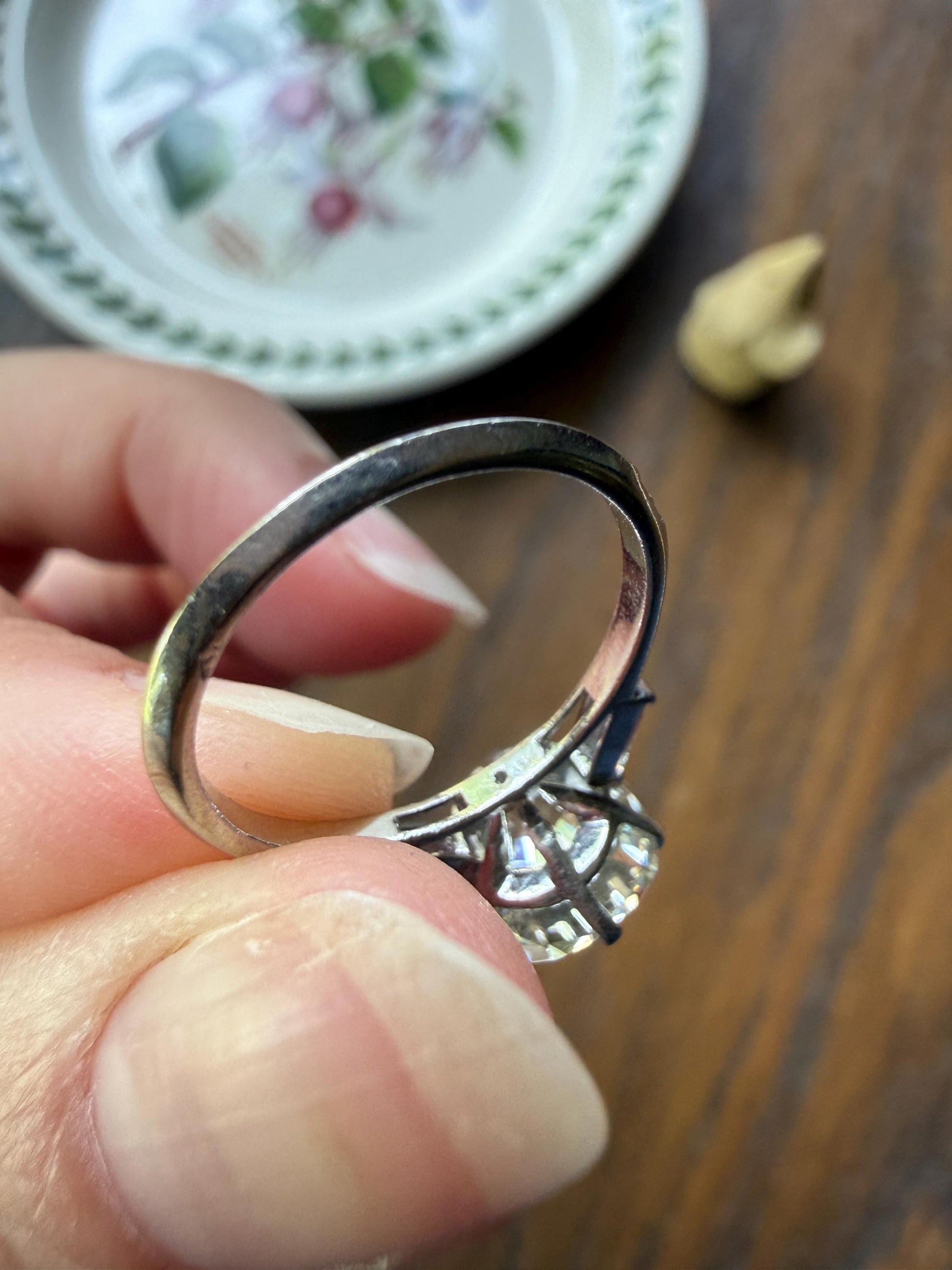 Chunky Vintage Four Carat Eye Clean Old Mine Cut Diamond Solitaire Engagement Ring French 18k White Gold Platinum Art Deco Baguette Tall OMC