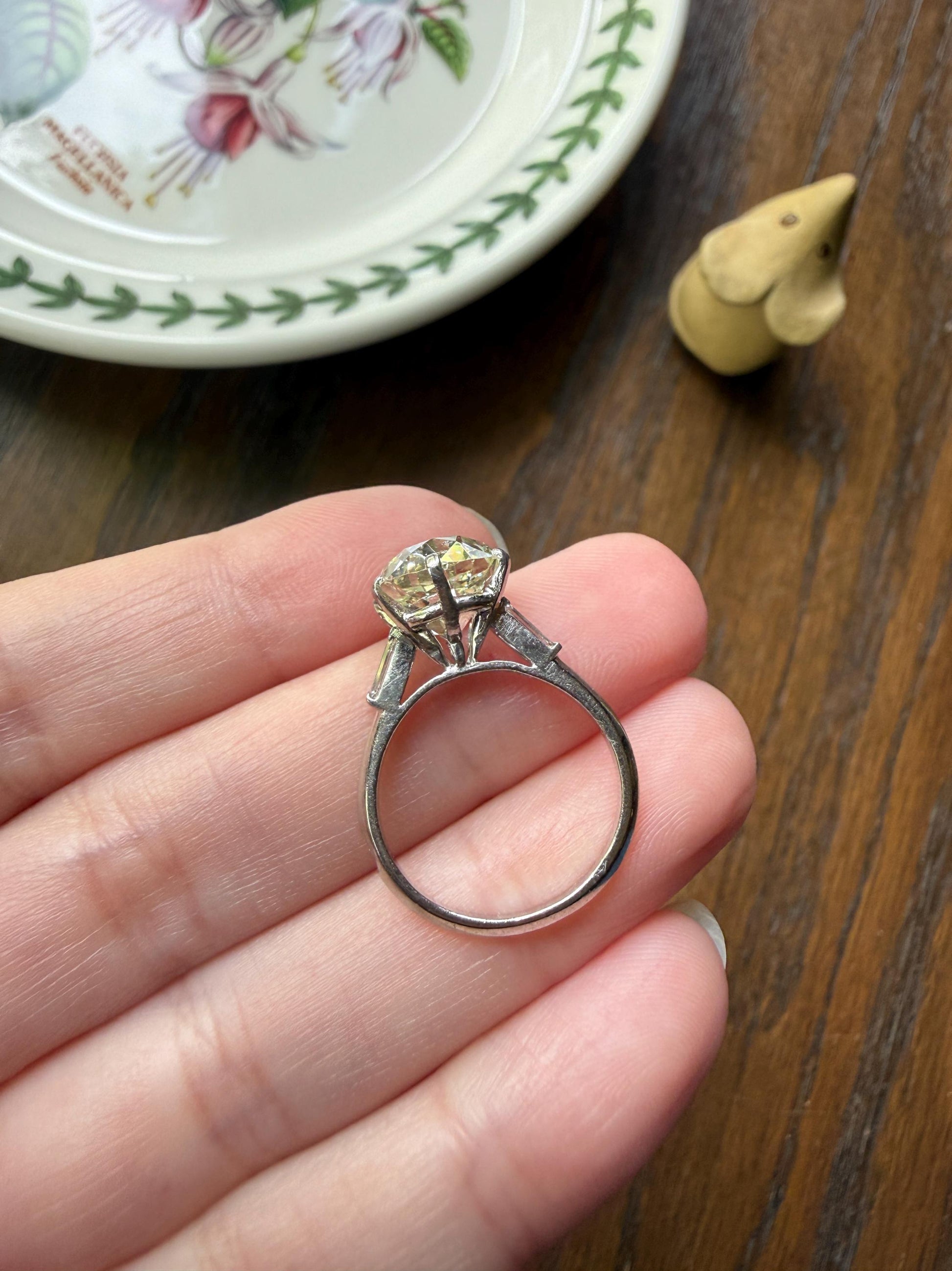 Chunky Vintage Four Carat Eye Clean Old Mine Cut Diamond Solitaire Engagement Ring French 18k White Gold Platinum Art Deco Baguette Tall OMC