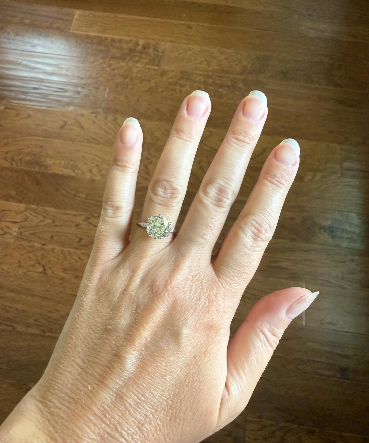 Chunky Vintage Four Carat Eye Clean Old Mine Cut Diamond Solitaire Engagement Ring French 18k White Gold Platinum Art Deco Baguette Tall OMC