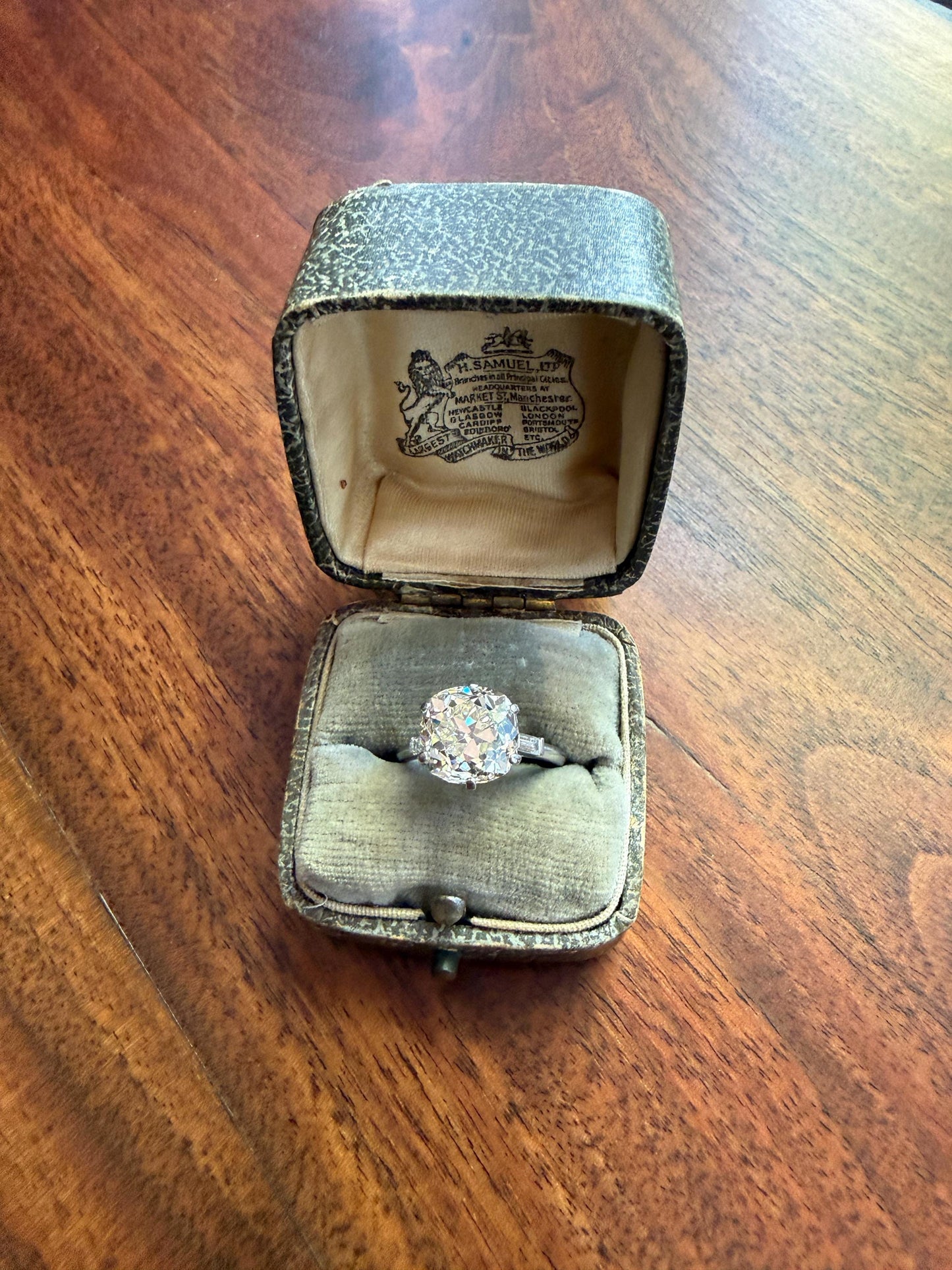 Chunky Vintage Four Carat Eye Clean Old Mine Cut Diamond Solitaire Engagement Ring French 18k White Gold Platinum Art Deco Baguette Tall OMC