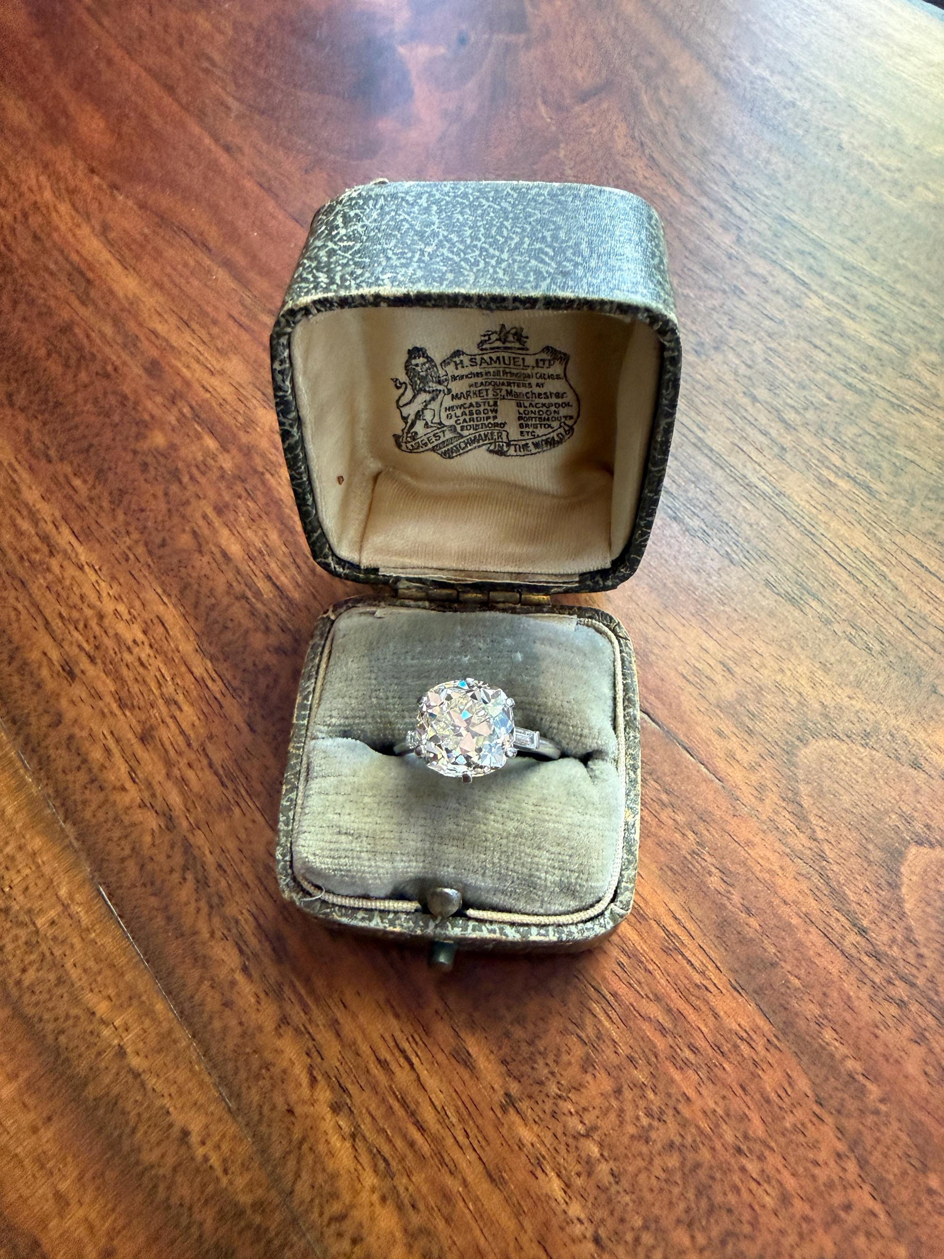 Chunky Vintage Four Carat Eye Clean Old Mine Cut Diamond Solitaire Engagement Ring French 18k White Gold Platinum Art Deco Baguette Tall OMC