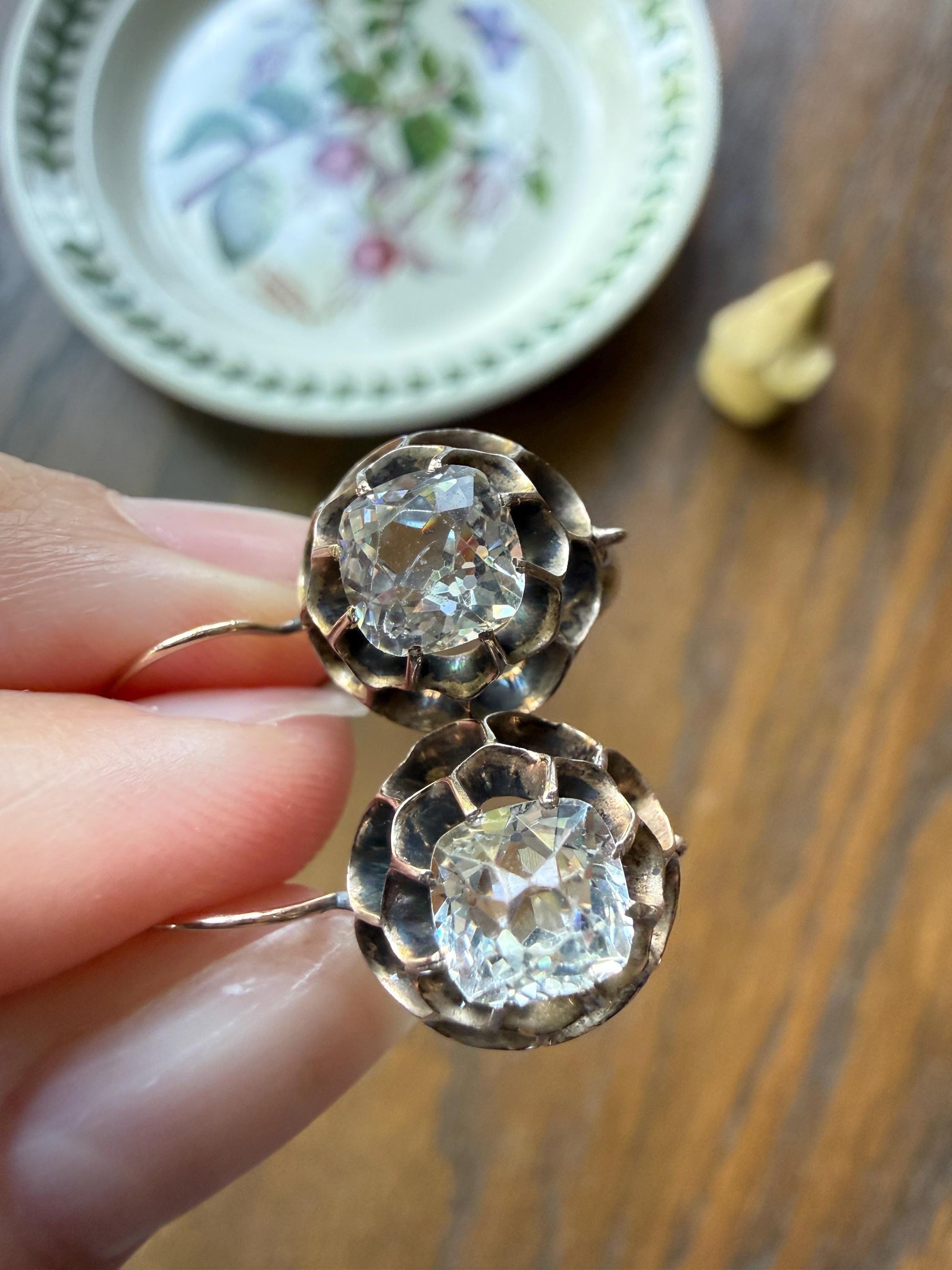 Victorian Large 2.8 Carats Total Antique Dangle Earrings Super Chunky Clear White Old " Mine " Cushion Cut Paste 10k Gold 2.8ctw