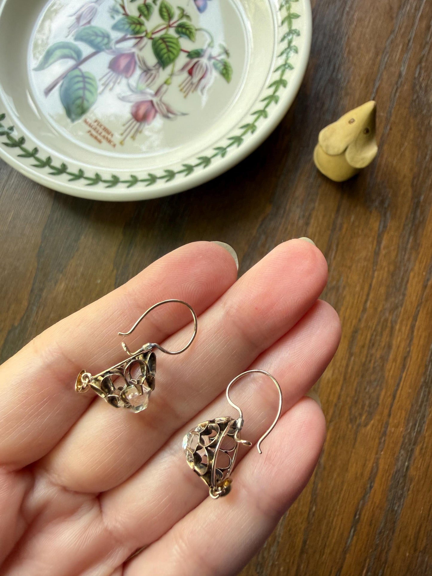 Victorian Large 2.8 Carats Total Antique Dangle Earrings Super Chunky Clear White Old " Mine " Cushion Cut Paste 10k Gold 2.8ctw