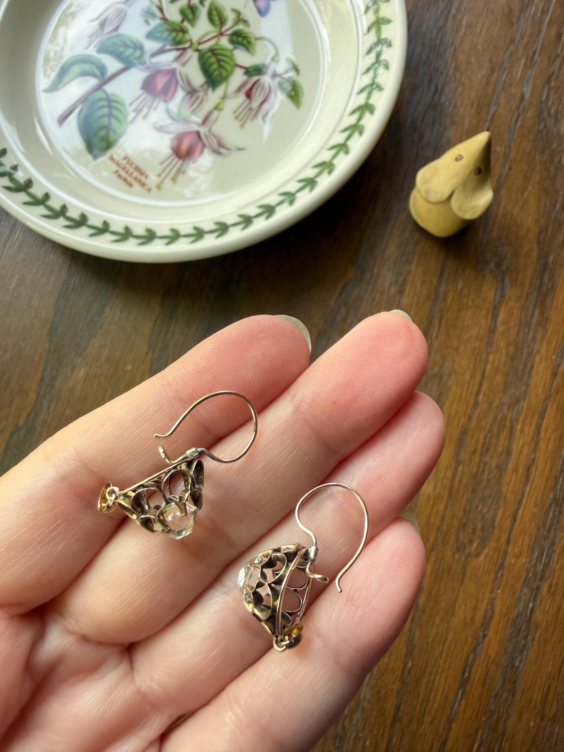 Victorian Large 2.8 Carats Total Antique Dangle Earrings Super Chunky Clear White Old " Mine " Cushion Cut Paste 10k Gold 2.8ctw
