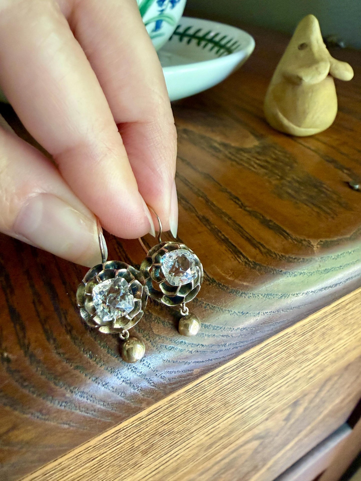 Victorian Large 2.8 Carats Total Antique Dangle Earrings Super Chunky Clear White Old " Mine " Cushion Cut Paste 10k Gold 2.8ctw