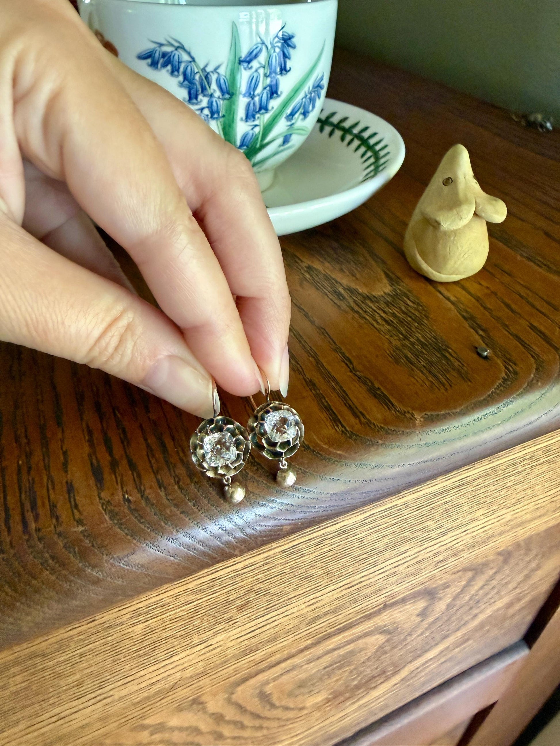 Victorian Large 2.8 Carats Total Antique Dangle Earrings Super Chunky Clear White Old " Mine " Cushion Cut Paste 10k Gold 2.8ctw