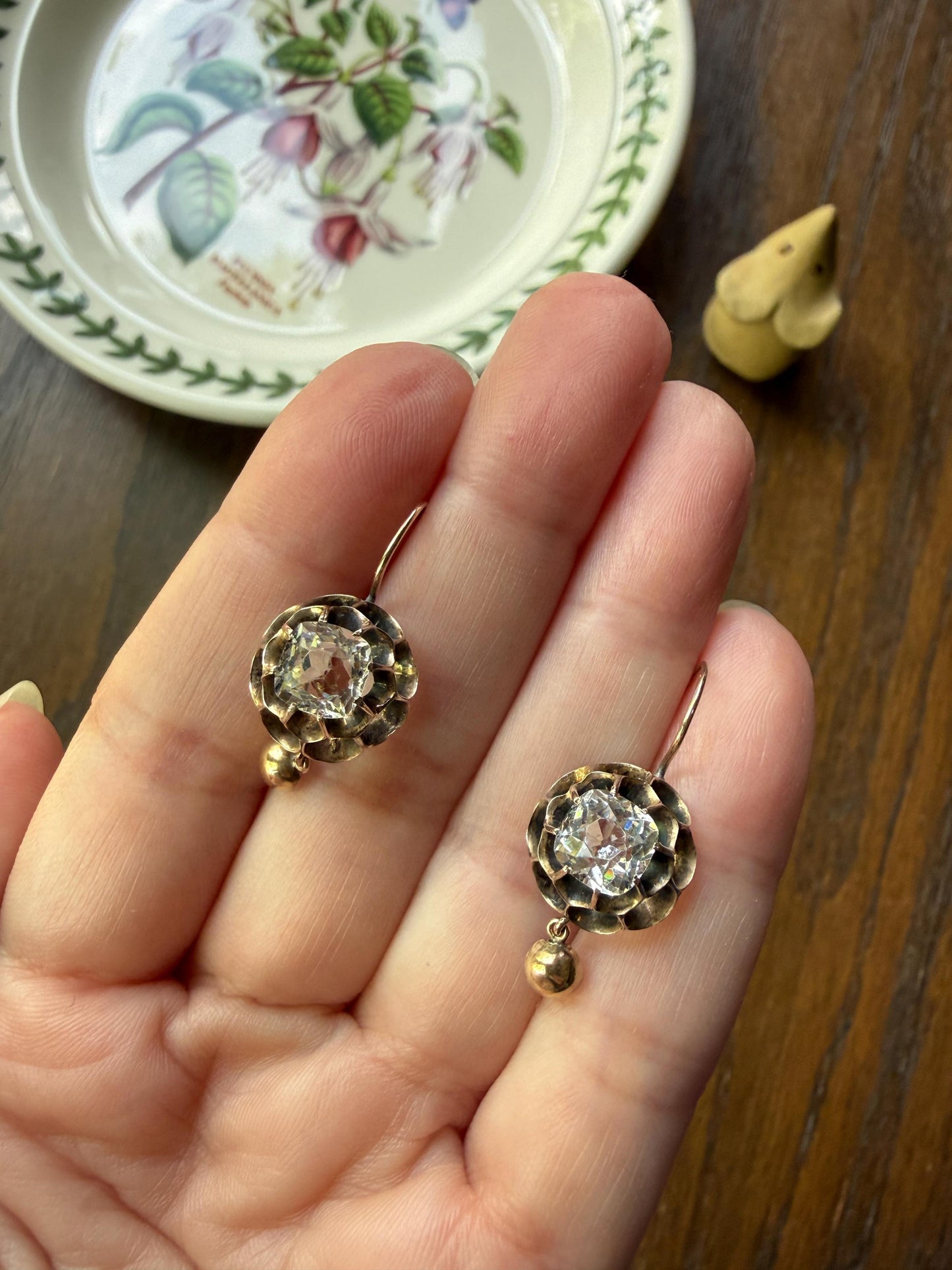 Victorian Large 2.8 Carats Total Antique Dangle Earrings Super Chunky Clear White Old " Mine " Cushion Cut Paste 10k Gold 2.8ctw