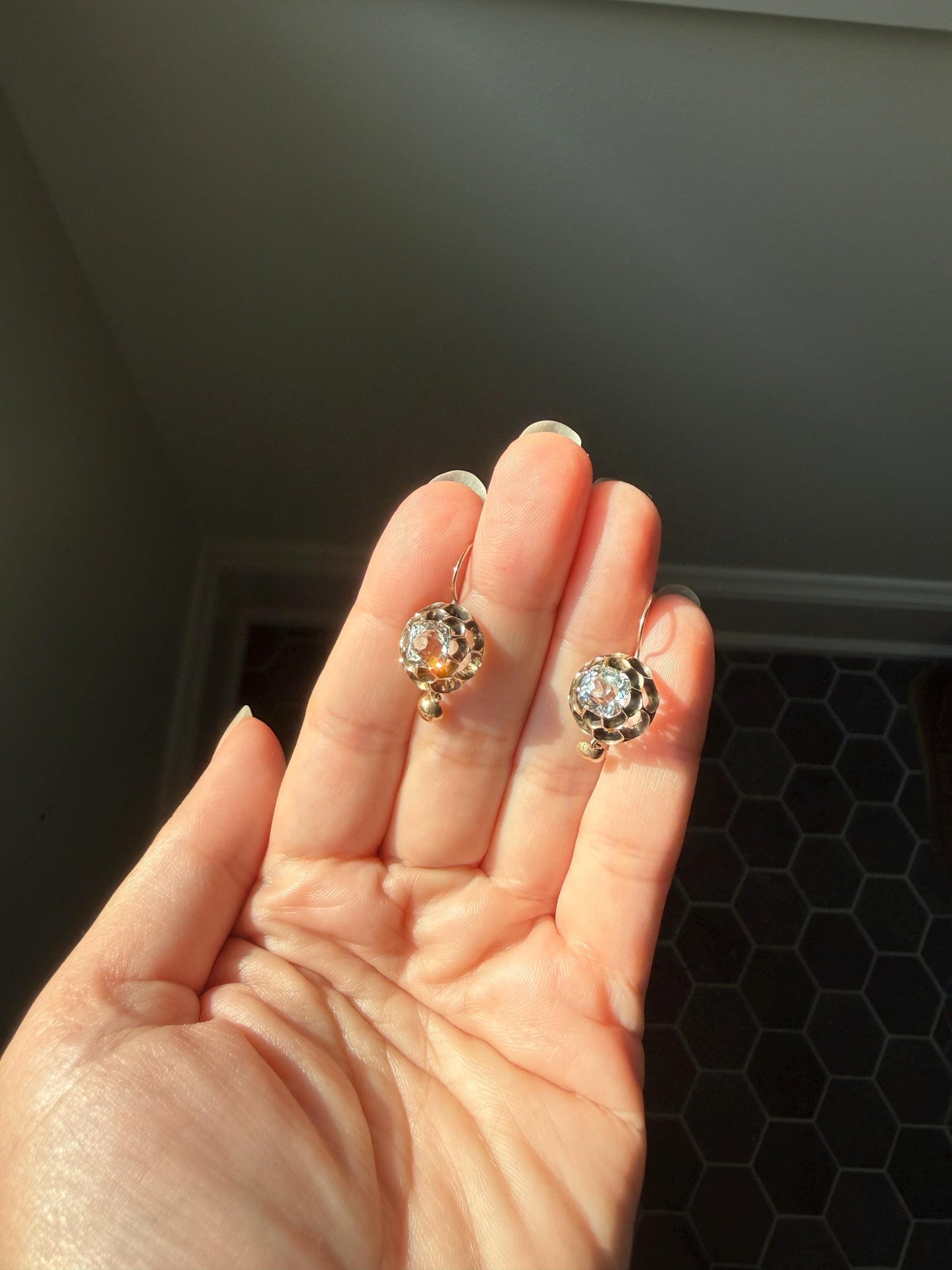 Victorian Large 2.8 Carats Total Antique Dangle Earrings Super Chunky Clear White Old " Mine " Cushion Cut Paste 10k Gold 2.8ctw
