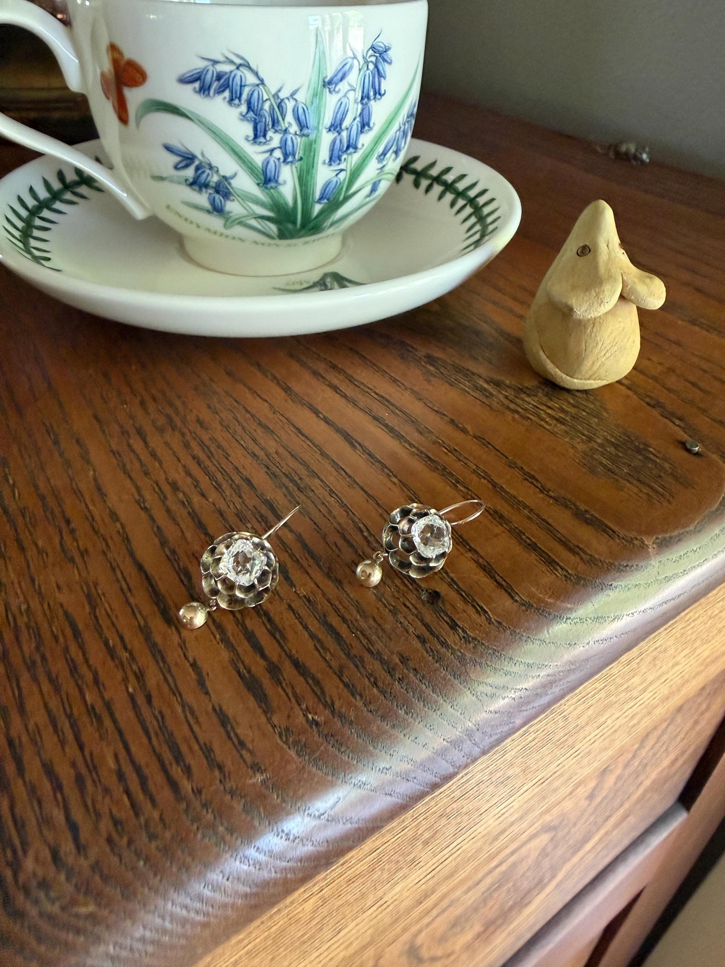 Victorian Large 2.8 Carats Total Antique Dangle Earrings Super Chunky Clear White Old " Mine " Cushion Cut Paste 10k Gold 2.8ctw