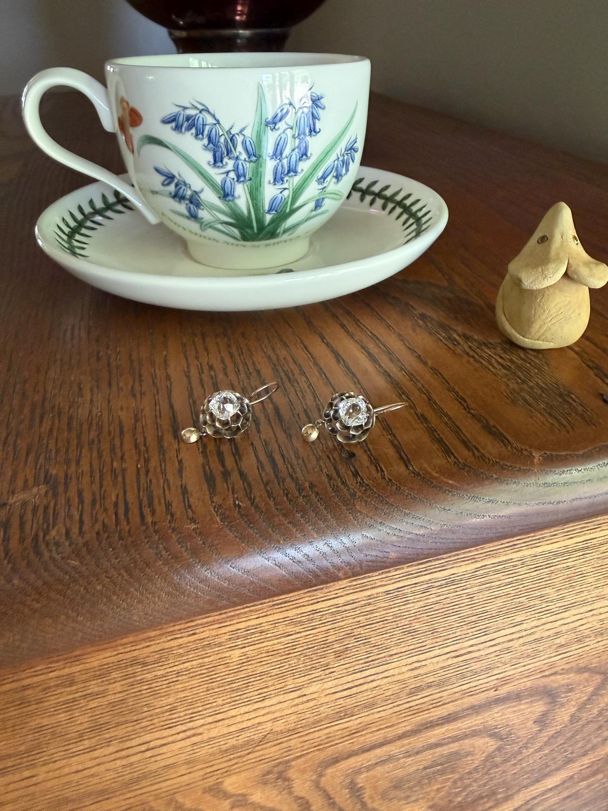 Victorian Large 2.8 Carats Total Antique Dangle Earrings Super Chunky Clear White Old " Mine " Cushion Cut Paste 10k Gold 2.8ctw