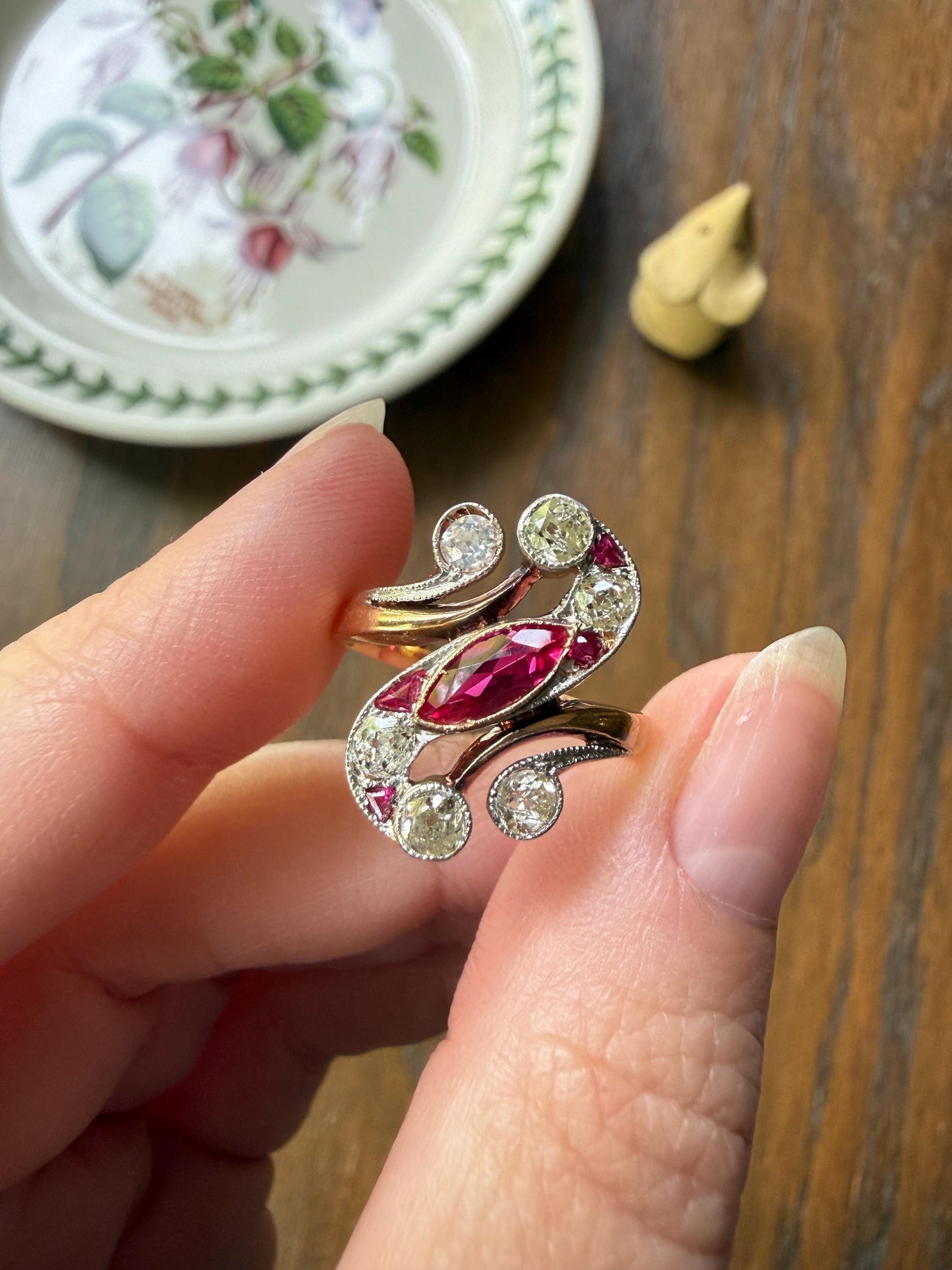 Unique Antique Ruby Old Mine Cut Diamond Swirl Ring 18k Gold Platinum Bezel Set Pink Fuchsia Color Sparkle Figural Stacker Marquise Navette