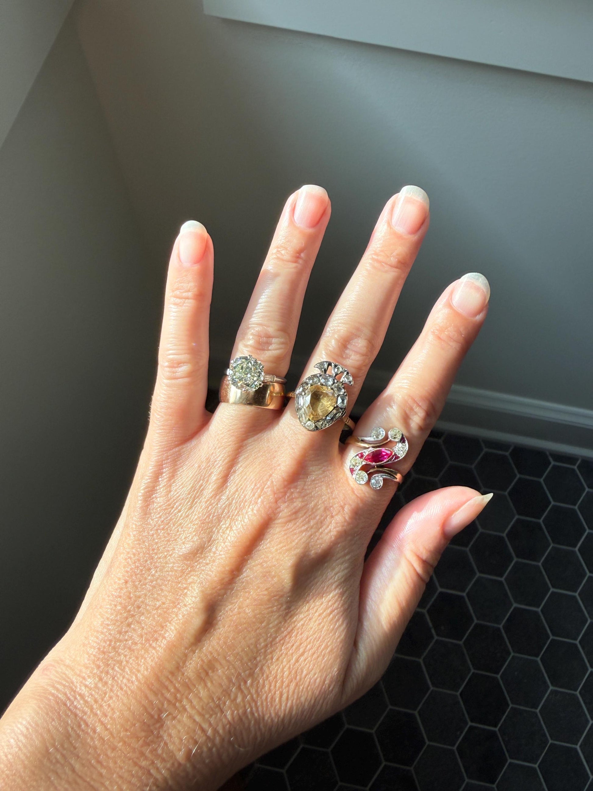 Unique Antique Ruby Old Mine Cut Diamond Swirl Ring 18k Gold Platinum Bezel Set Pink Fuchsia Color Sparkle Figural Stacker Marquise Navette