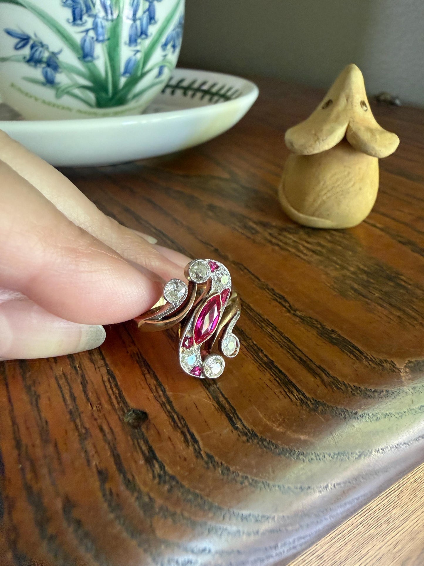 Unique Antique Ruby Old Mine Cut Diamond Swirl Ring 18k Gold Platinum Bezel Set Pink Fuchsia Color Sparkle Figural Stacker Marquise Navette