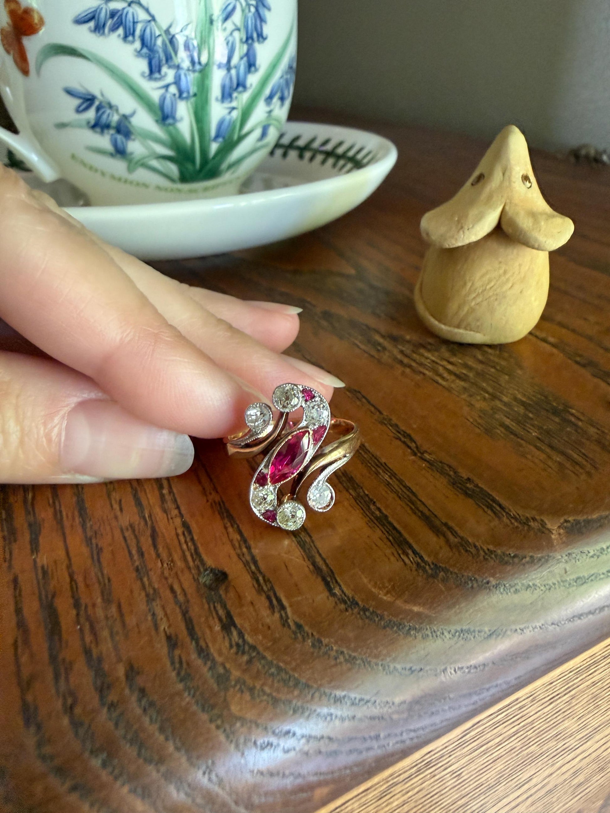Unique Antique Ruby Old Mine Cut Diamond Swirl Ring 18k Gold Platinum Bezel Set Pink Fuchsia Color Sparkle Figural Stacker Marquise Navette