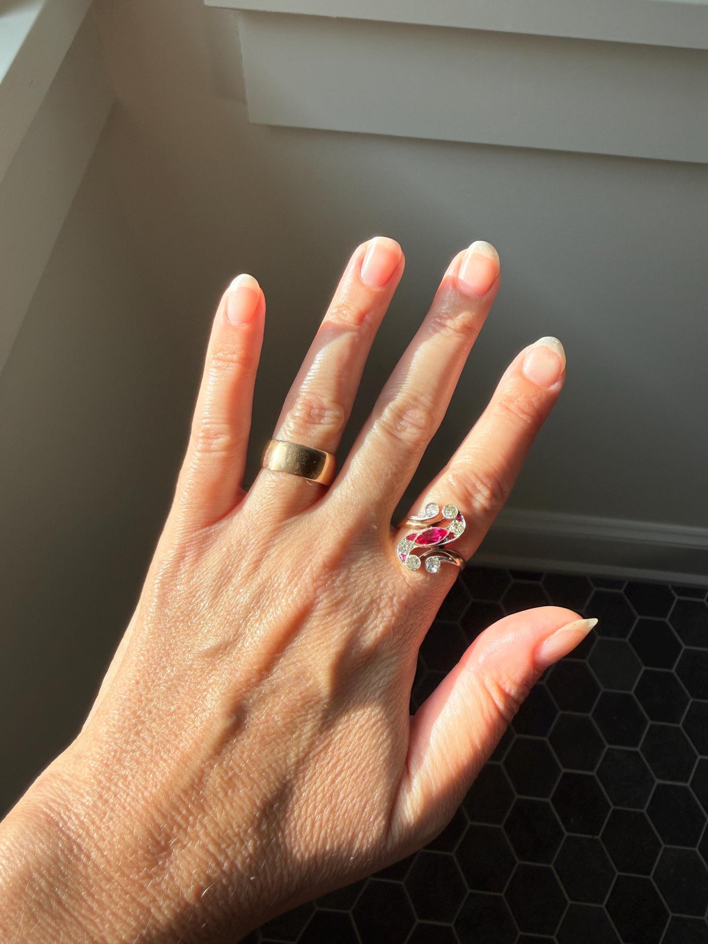 Unique Antique Ruby Old Mine Cut Diamond Swirl Ring 18k Gold Platinum Bezel Set Pink Fuchsia Color Sparkle Figural Stacker Marquise Navette
