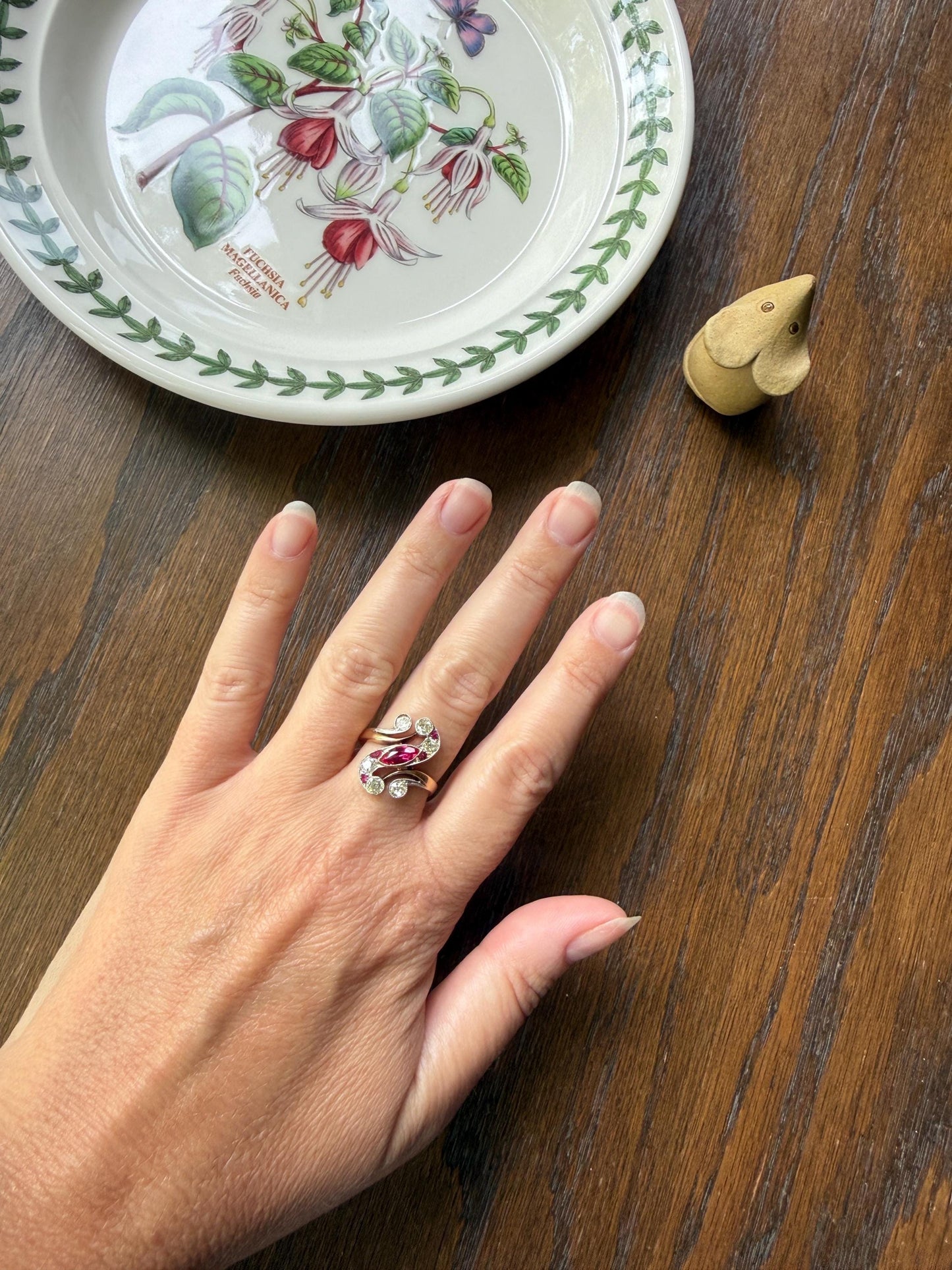 Unique Antique Ruby Old Mine Cut Diamond Swirl Ring 18k Gold Platinum Bezel Set Pink Fuchsia Color Sparkle Figural Stacker Marquise Navette