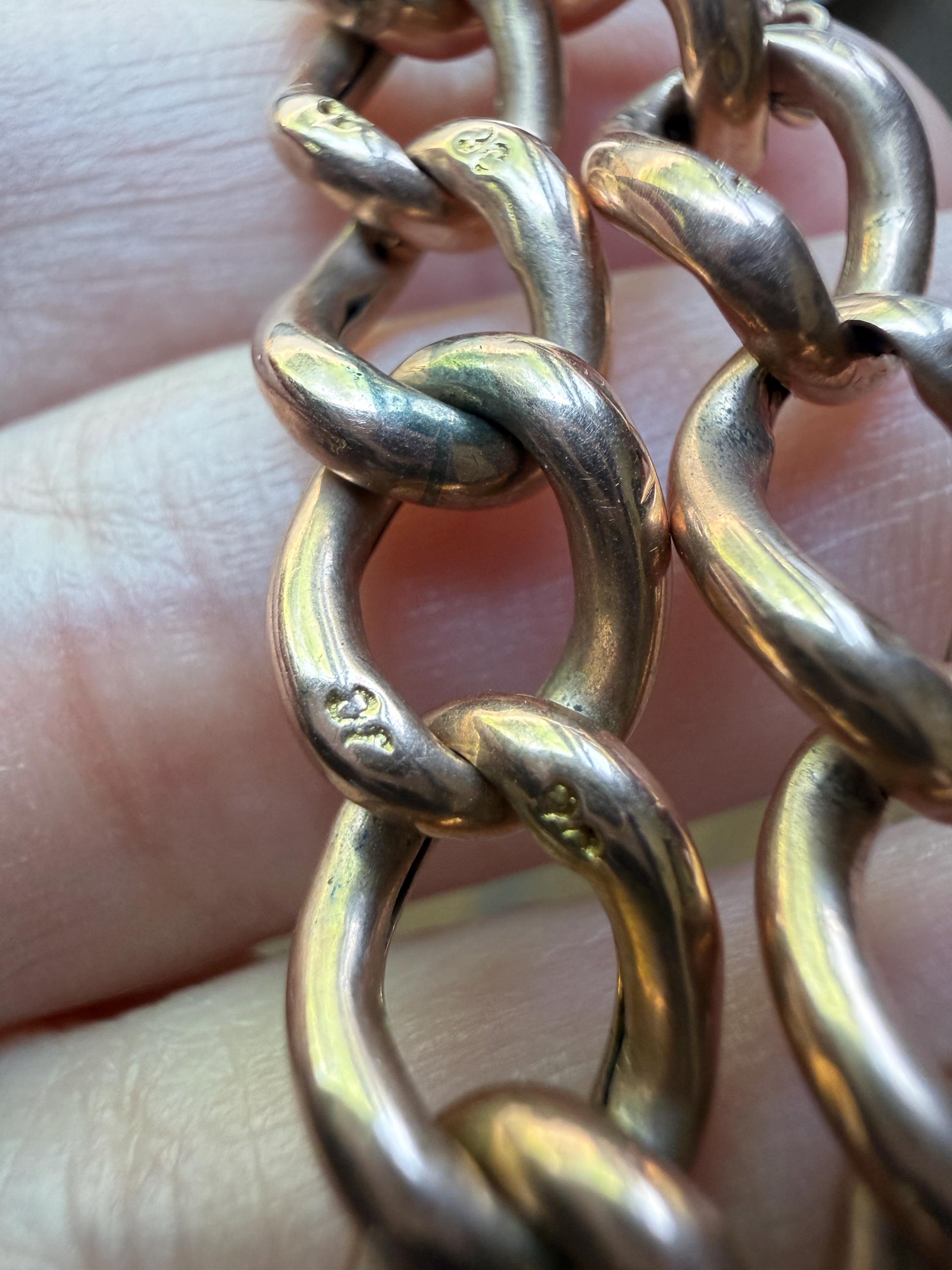 Victorian ANTIQUE 8.4mm Wide Curb Chain Bracelet with XL Spring Ring Bolt Clasp 8k Rosy Gold Wriststack Staple