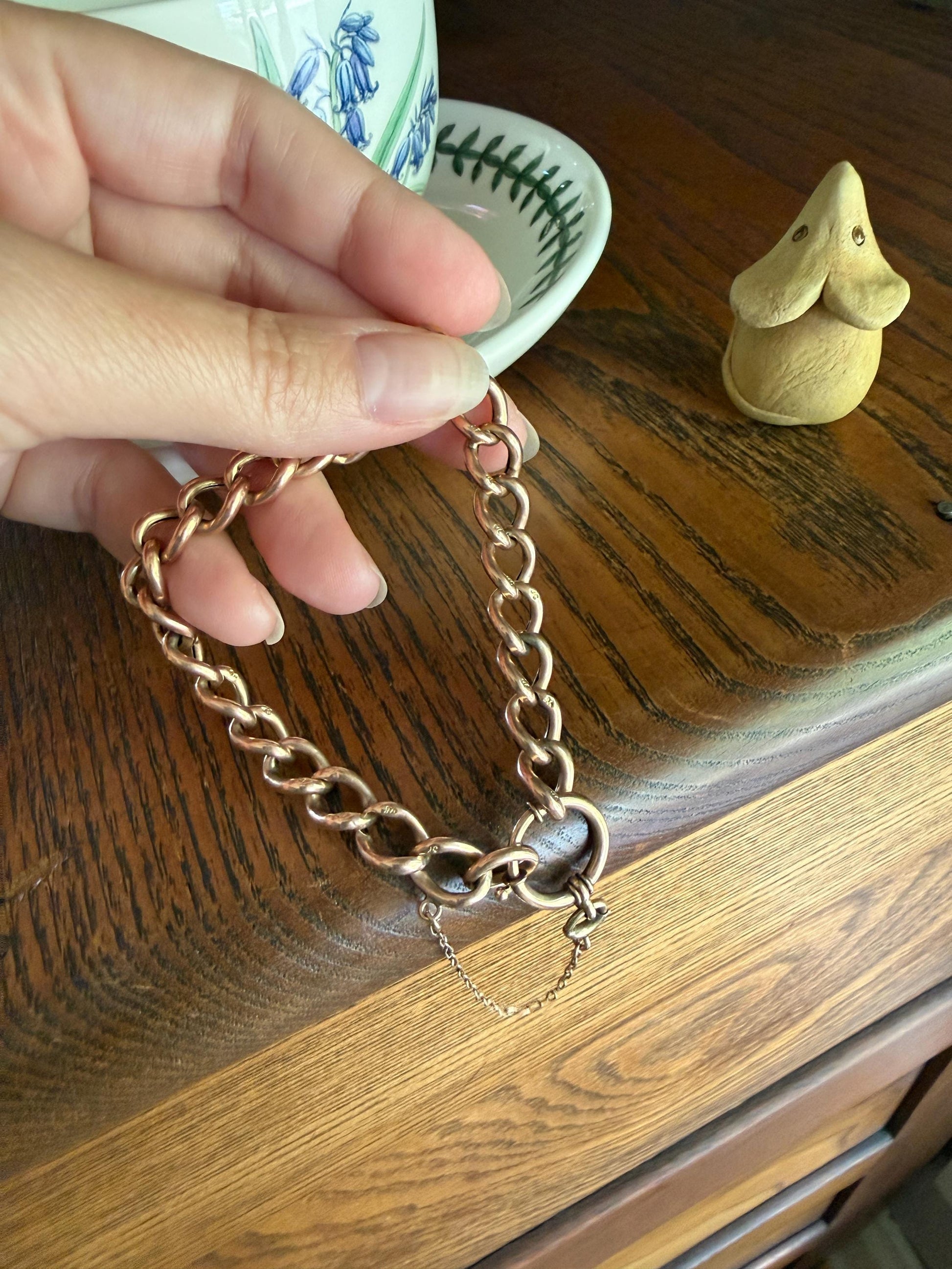 Victorian ANTIQUE 8.4mm Wide Curb Chain Bracelet with XL Spring Ring Bolt Clasp 8k Rosy Gold Wriststack Staple