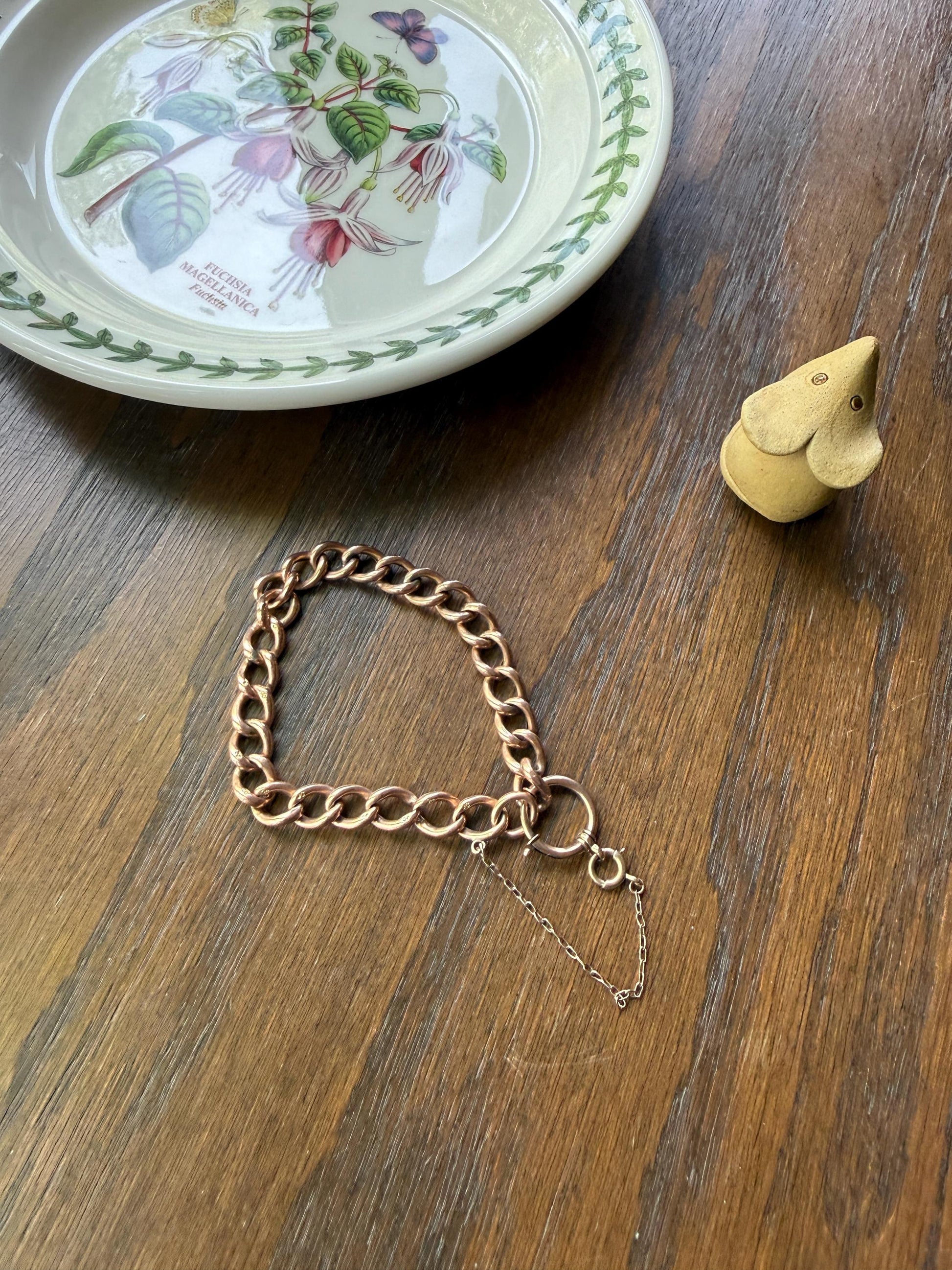Victorian ANTIQUE 8.4mm Wide Curb Chain Bracelet with XL Spring Ring Bolt Clasp 8k Rosy Gold Wriststack Staple