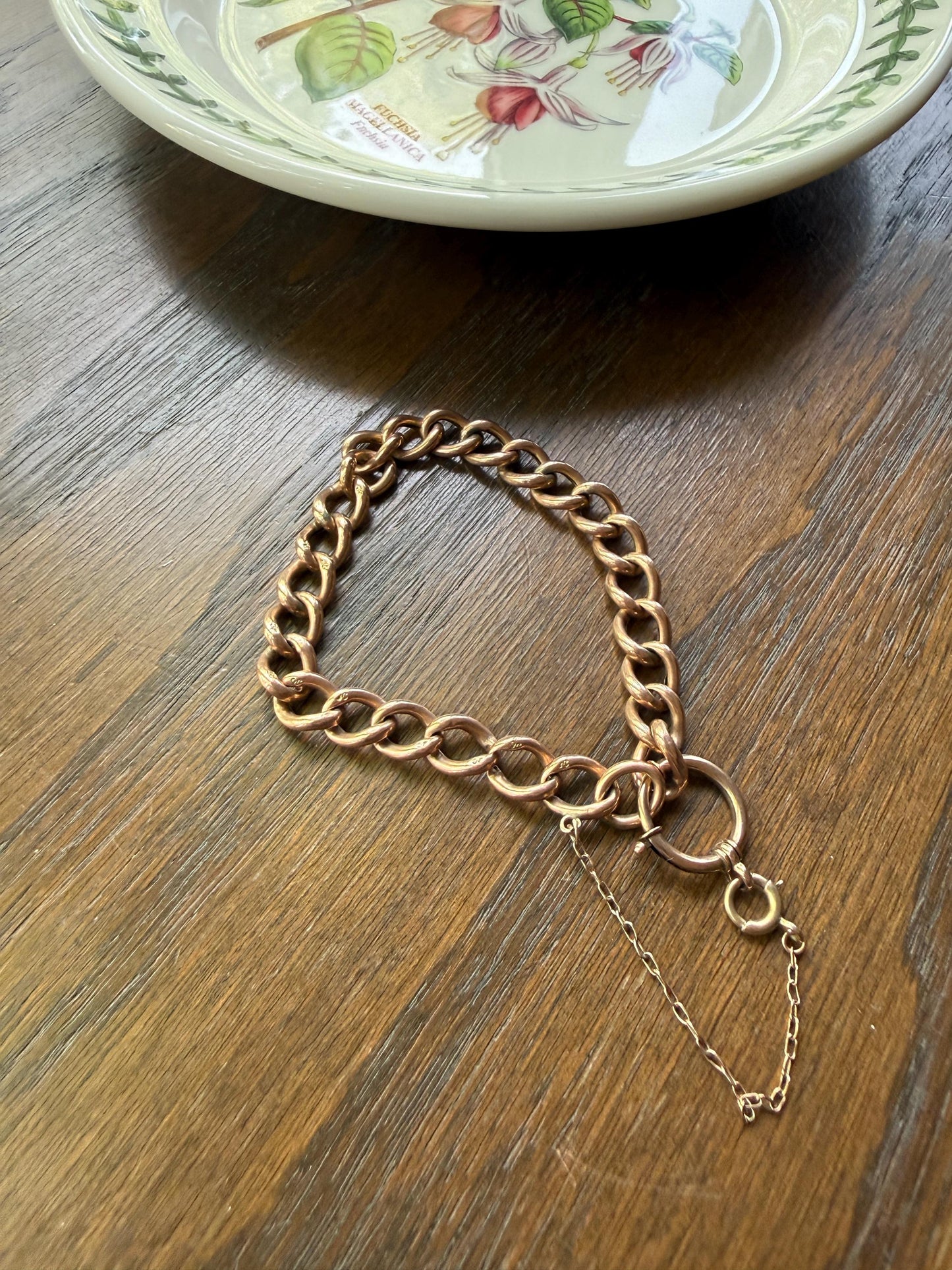 Victorian ANTIQUE 8.4mm Wide Curb Chain Bracelet with XL Spring Ring Bolt Clasp 8k Rosy Gold Wriststack Staple